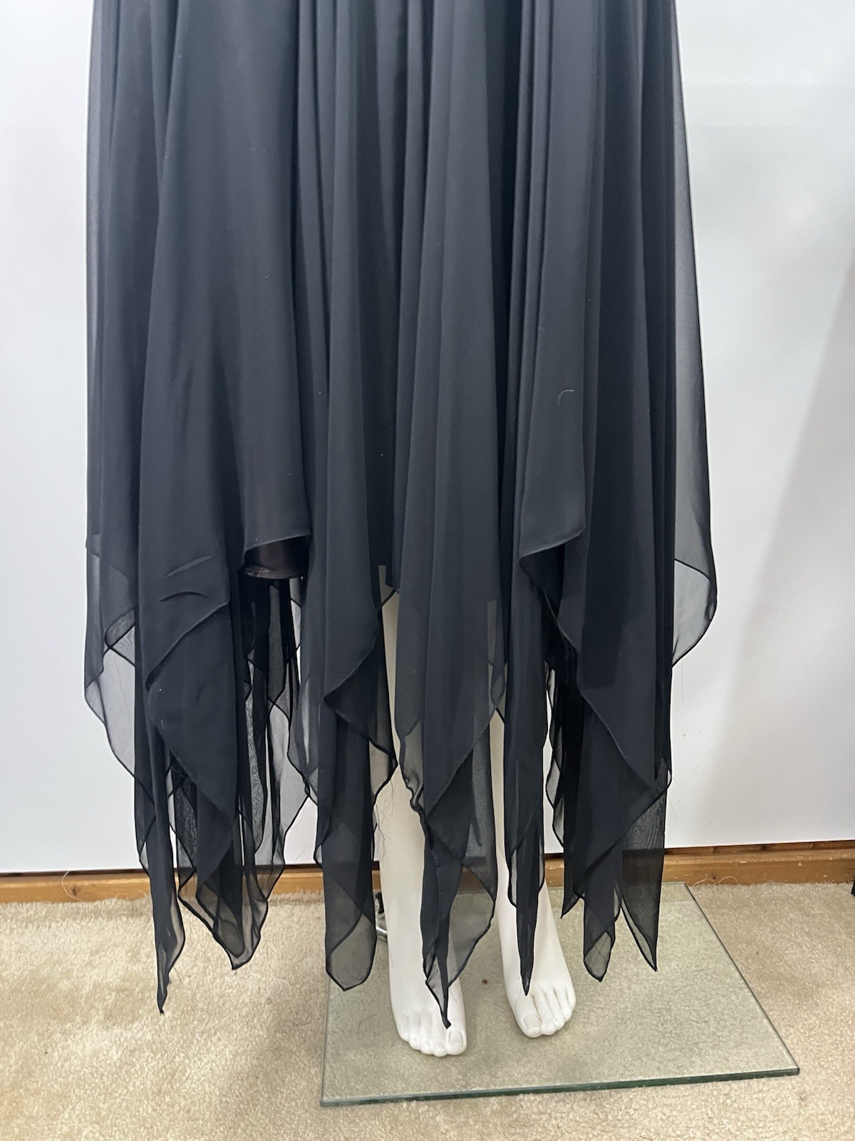 Vtg 80s Tadashi Black Dress Party Cocktail Ruched Chiffon Handkerchief Hem Sz 16