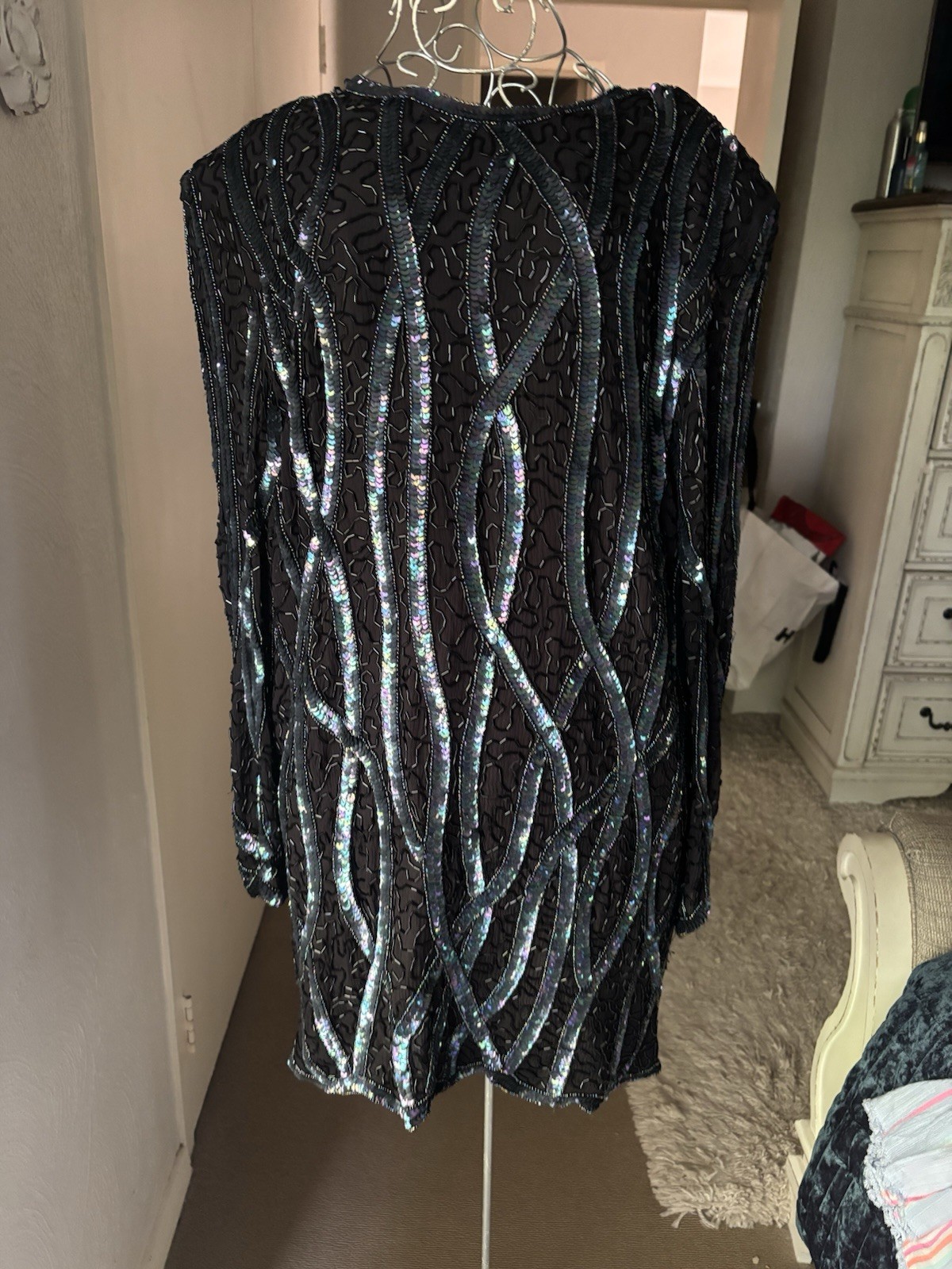 Vintage FRANK USHER Silk Sequin & Beadwork Black Mini Dress M 10-12