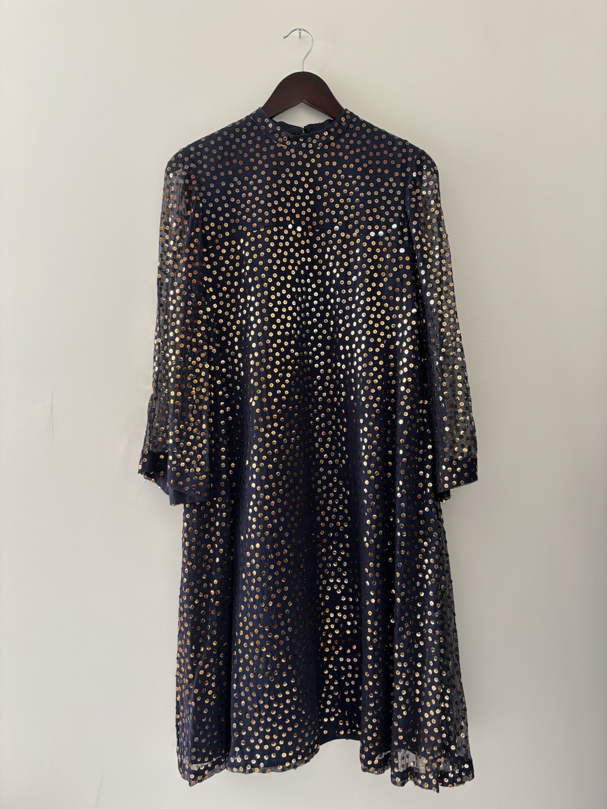 70s Joan Leslie by Kasper Sequin Party Dress Navy Gold Sheer Sleeve VTG