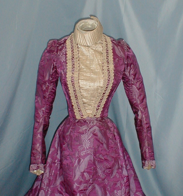 Majestic Antique Evening Dress Victorian 1890 Leaf & Floral Print Copper Satin