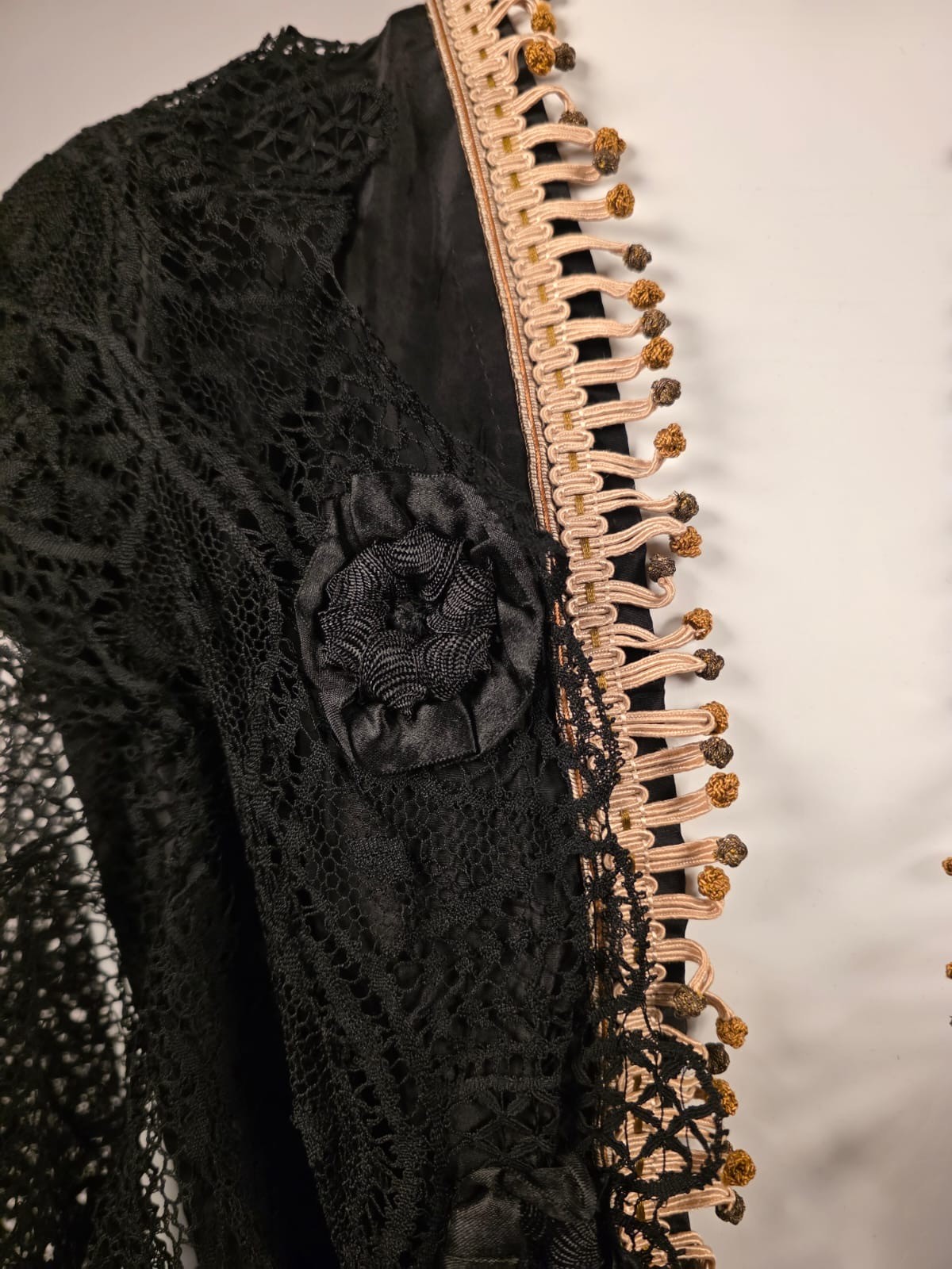 EDWARDIAN HAND MADE CLUNY LACE JACKET W LAME KNOT EDGING + BELL SLEEVES + TAILS