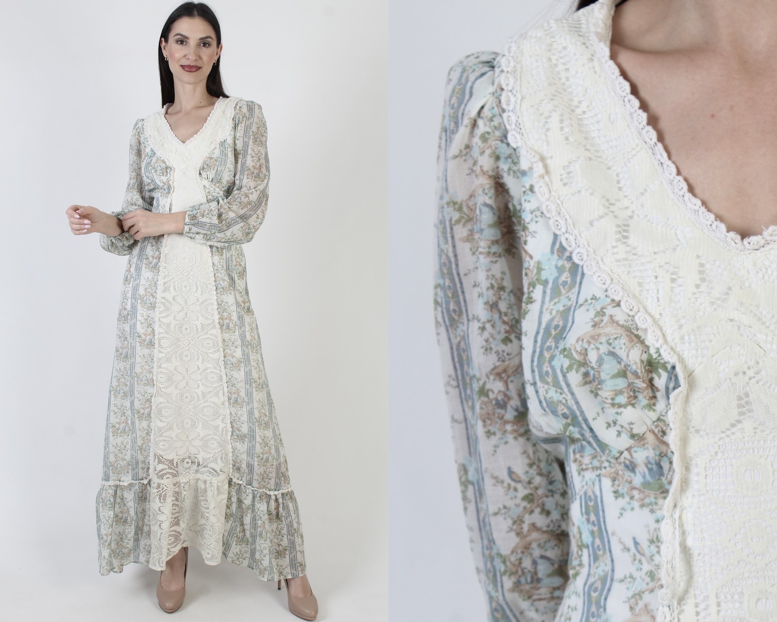 Vtg 70s This IS Yours Toile Print Dress Fairycore Cottage Prairie Mandarin Maxi