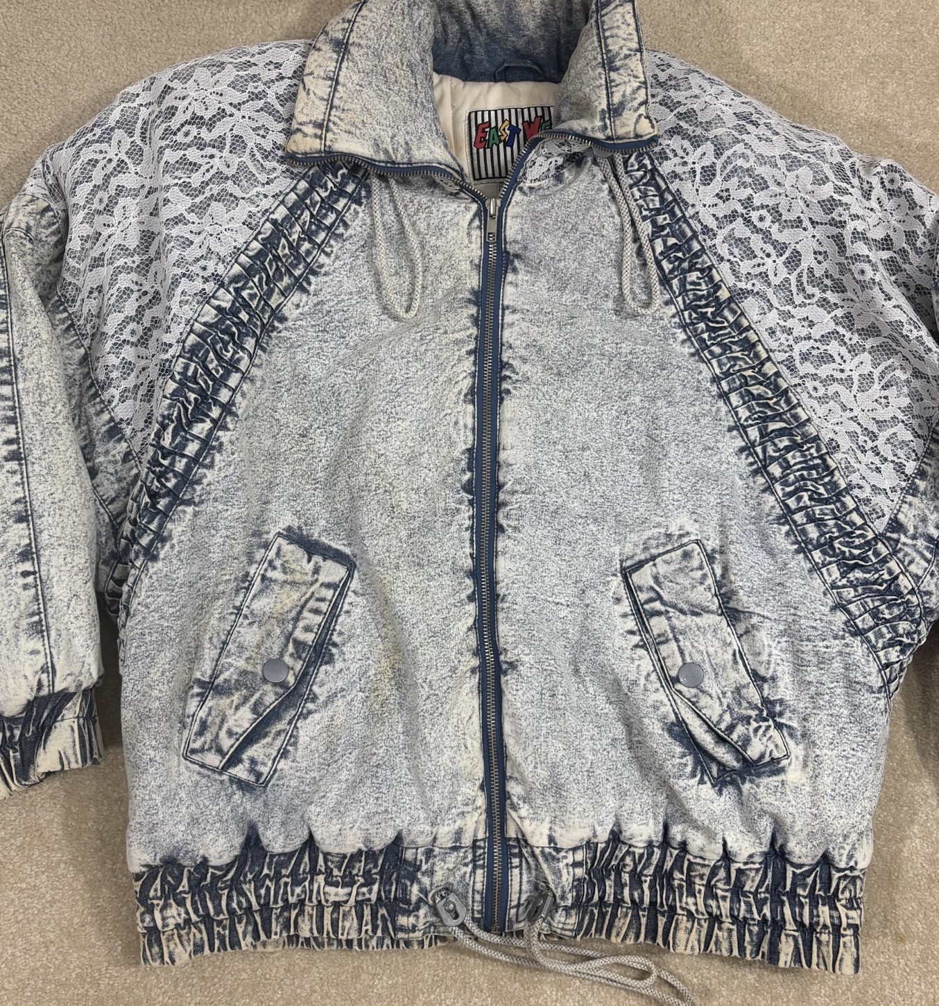 Vintage Original 80s East West Acid Wash Denim L Puffer Jacket Small Floral Lace