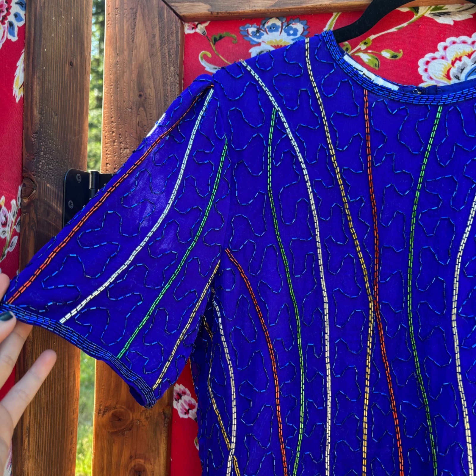 VTG 90&rsquo;s 100% Silk Blue Beaded Multicolor Boho Chic Glam Blouse Women&rsquo;s Size L