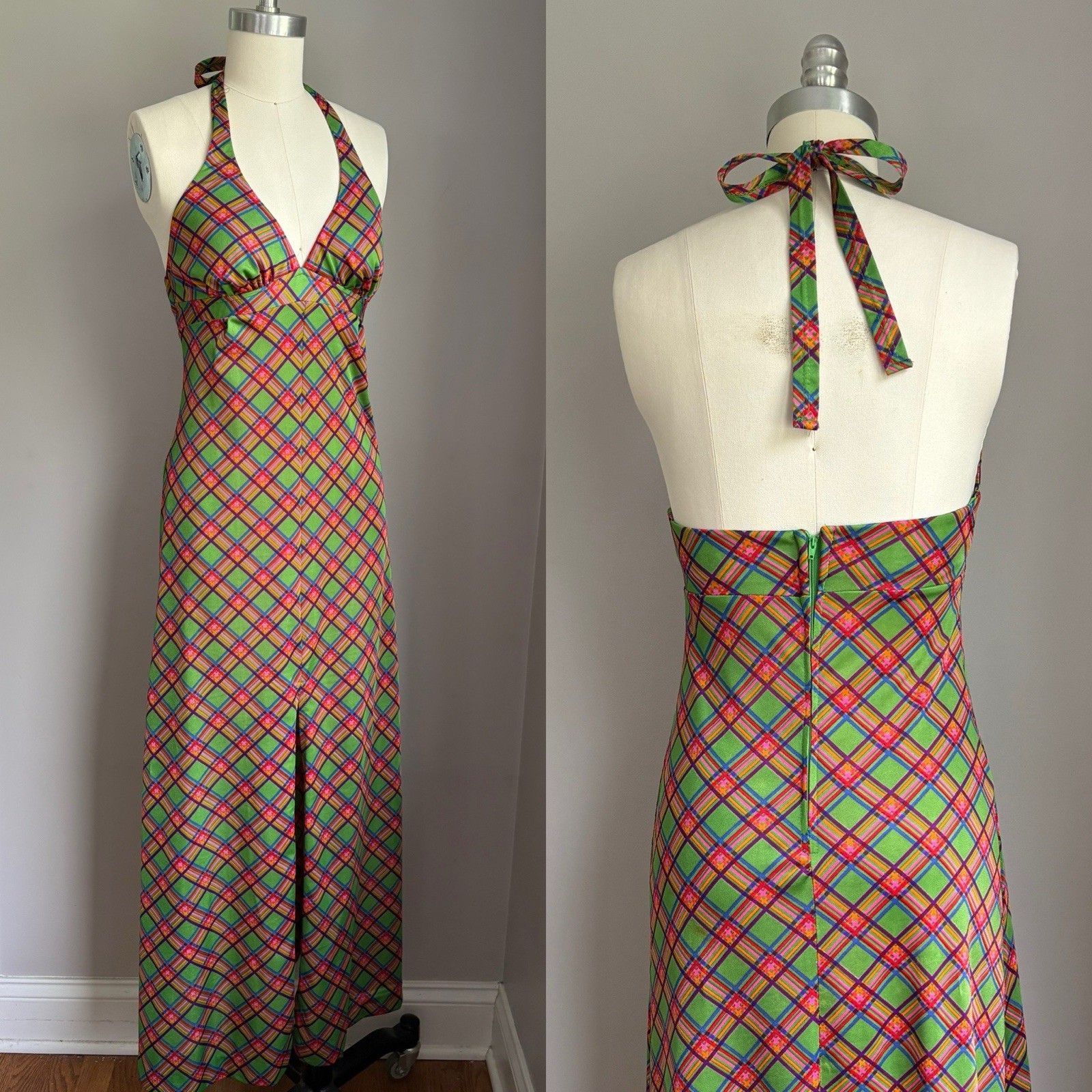 Vintage 1970’s Mod Halter style Argyle Plaid Print Maxi Dress Size XS