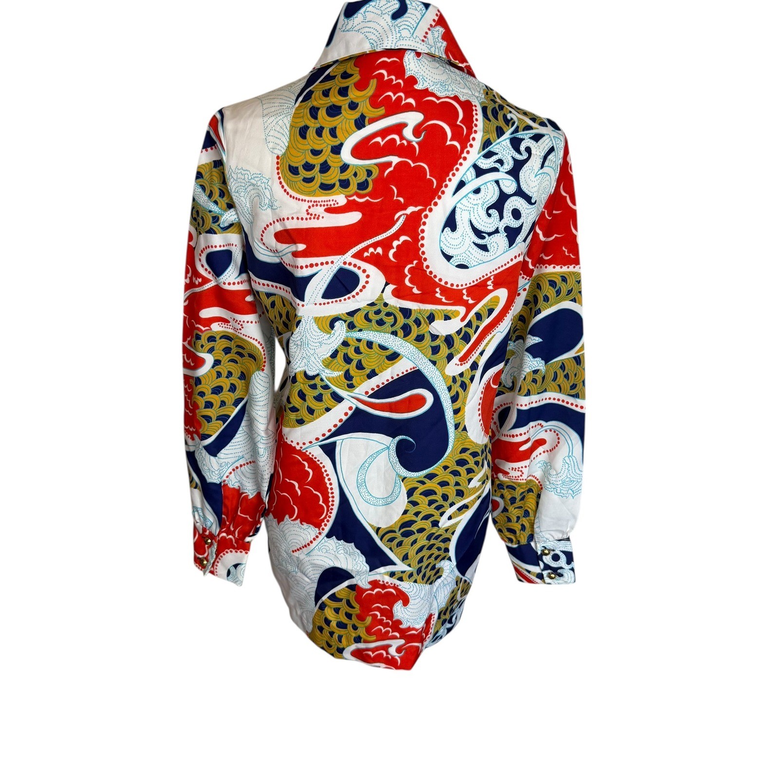 Vintage La Baroque Lady Arrow 70s Psychedelic Print Button Up Shirt Red Navy L