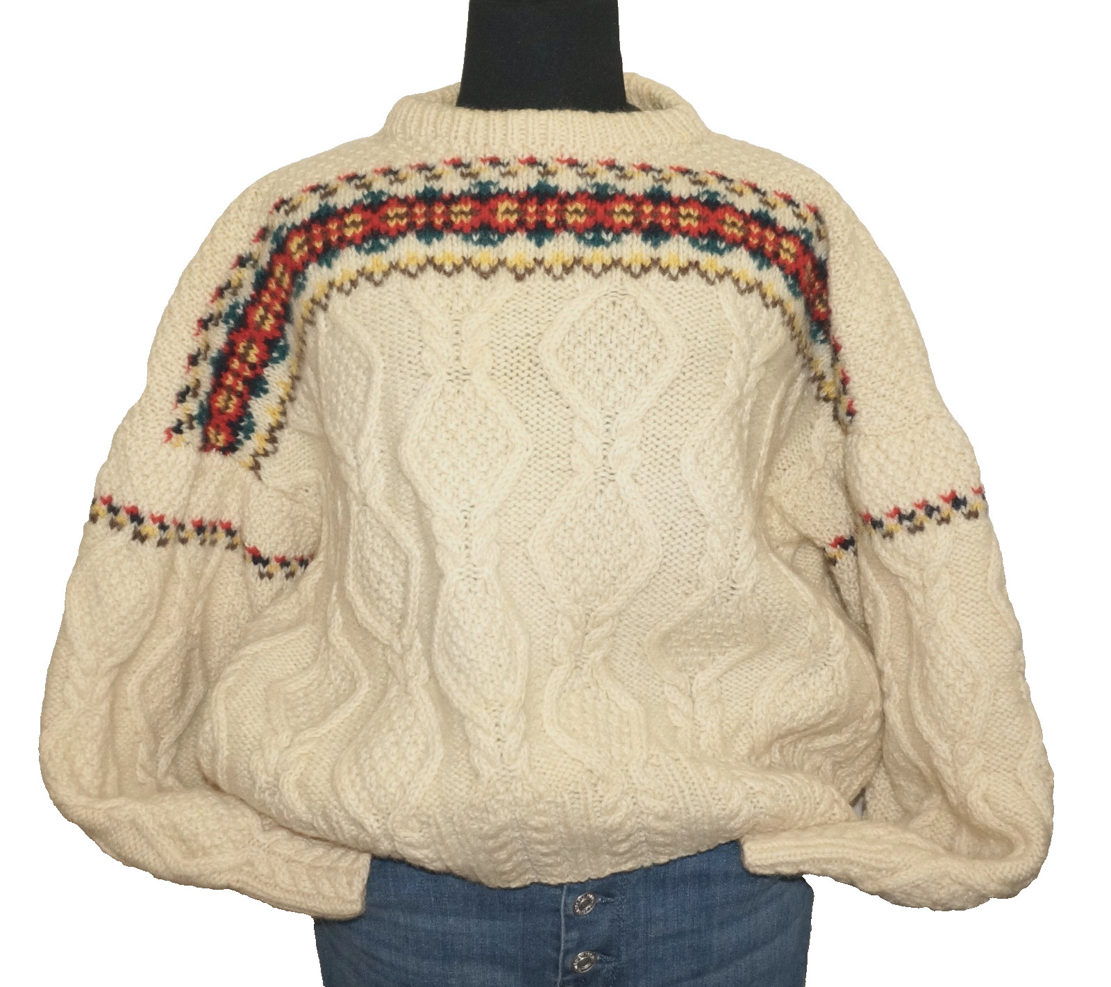 70&rsquo;s Vintage INVERALLAN Cream & Multicolor 100% Scottish Wool Knit Sweater M/L