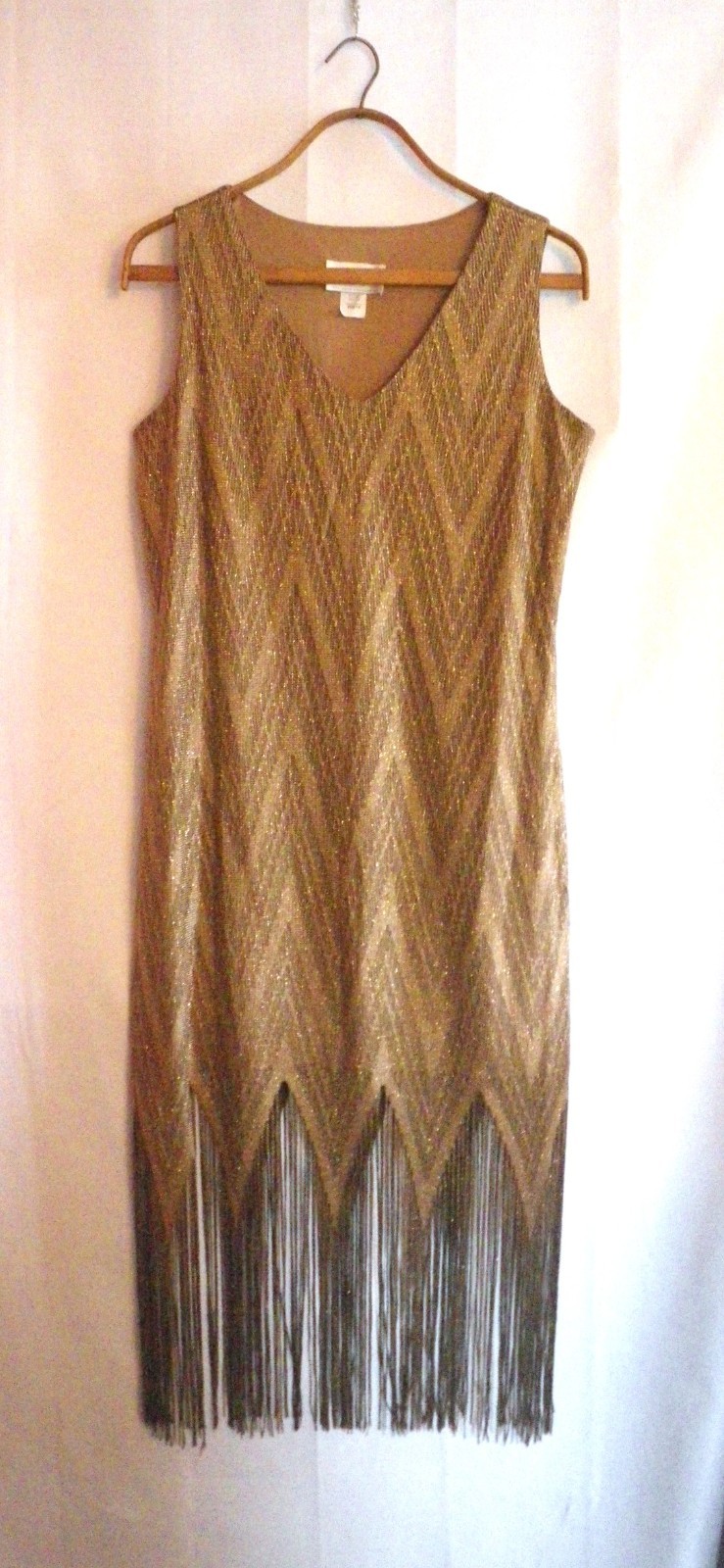 1920s Style Sleeveless Morningside Gold Knit Mesh Flapper Dress Fringe Size 12