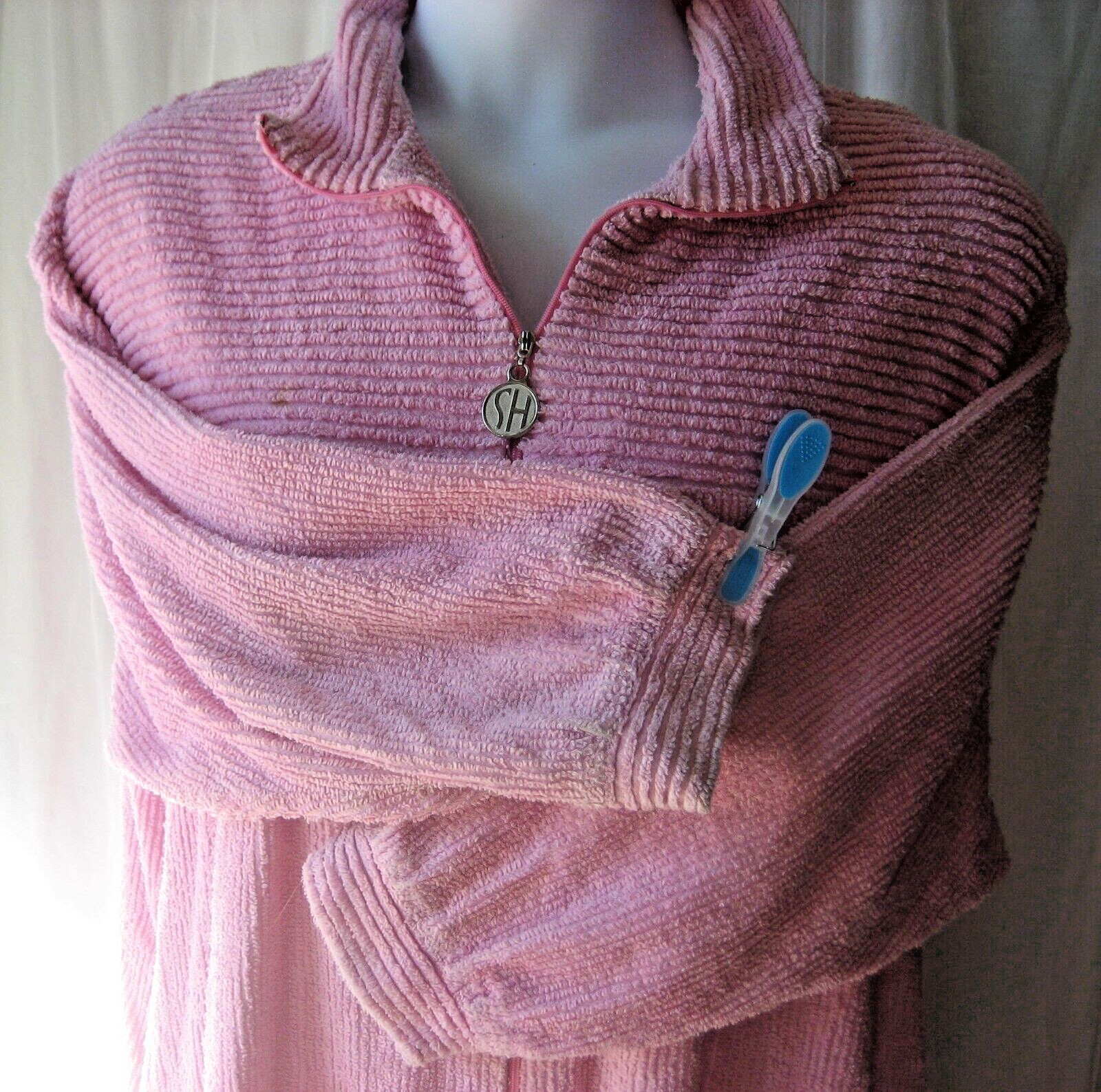Vintage Stan Herman Chenille Robe L Full Length 3/4 Zip Dark Pink Pockets Collar