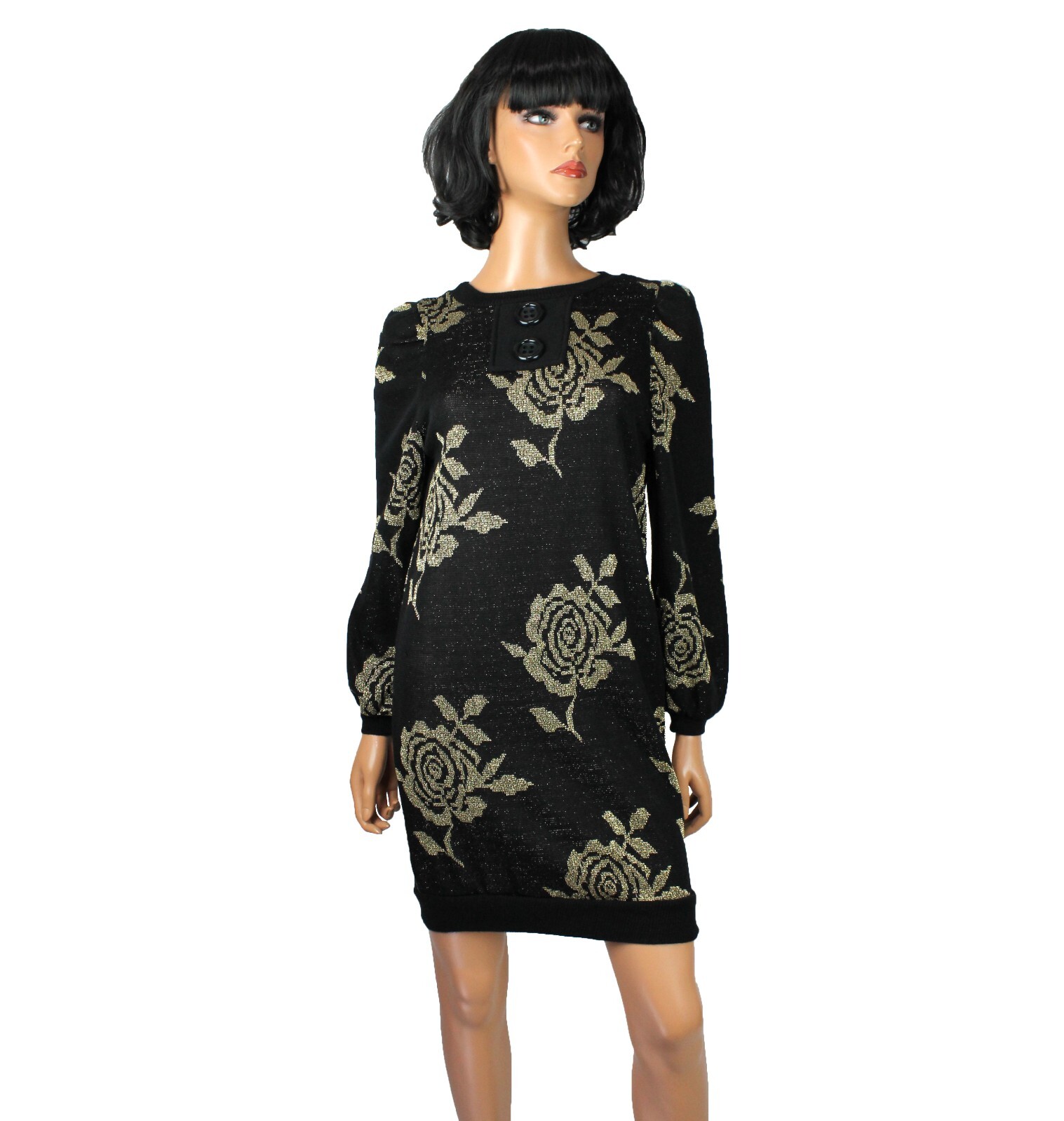 80s Sweater Mini Dress Sz 3 XS Vintage Black Metallic Gold Floral Rose Sparkly