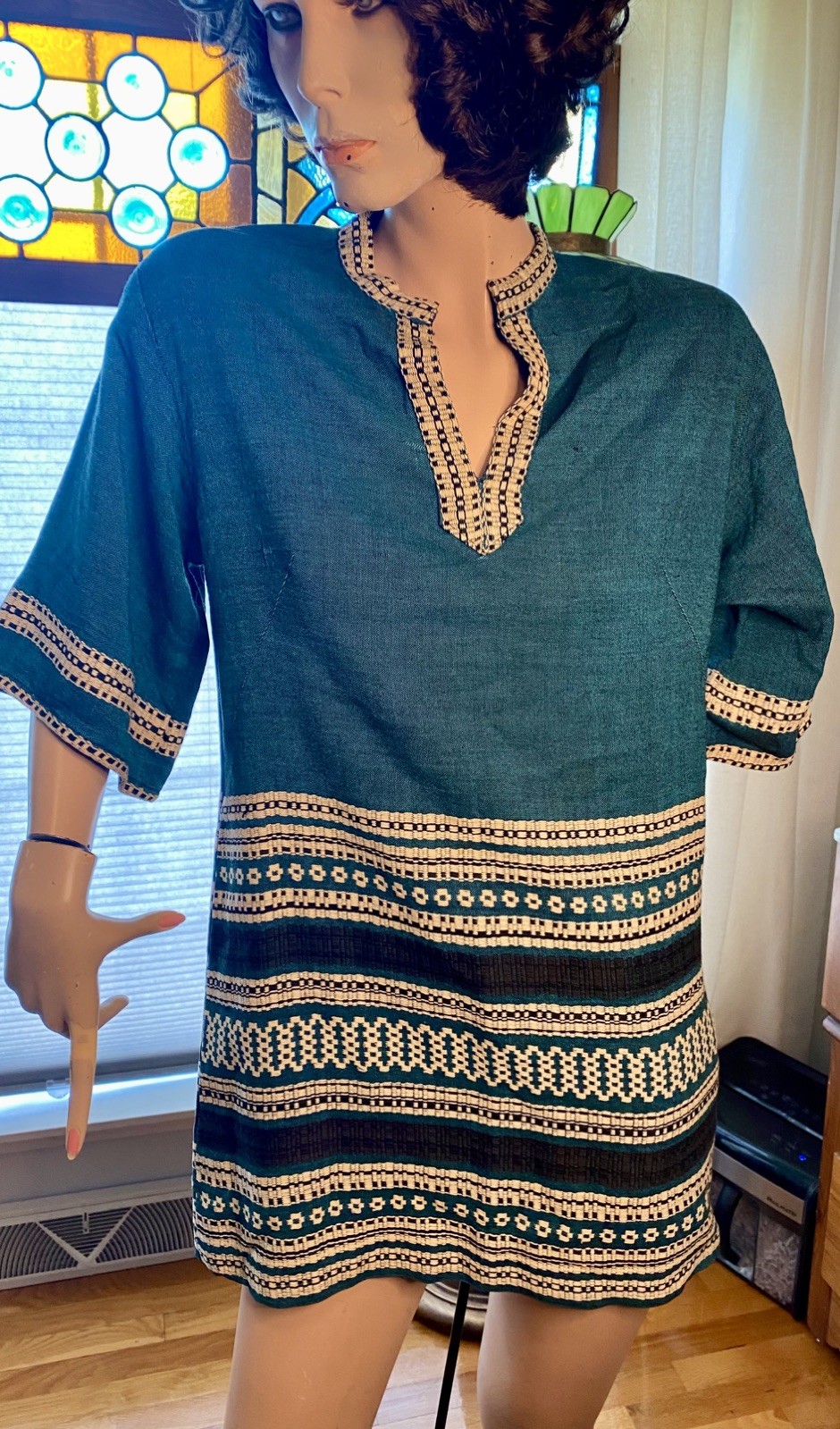 Vtg 70s Greek Hand Woven Embroidered Boho Tunic Hippie Shirt