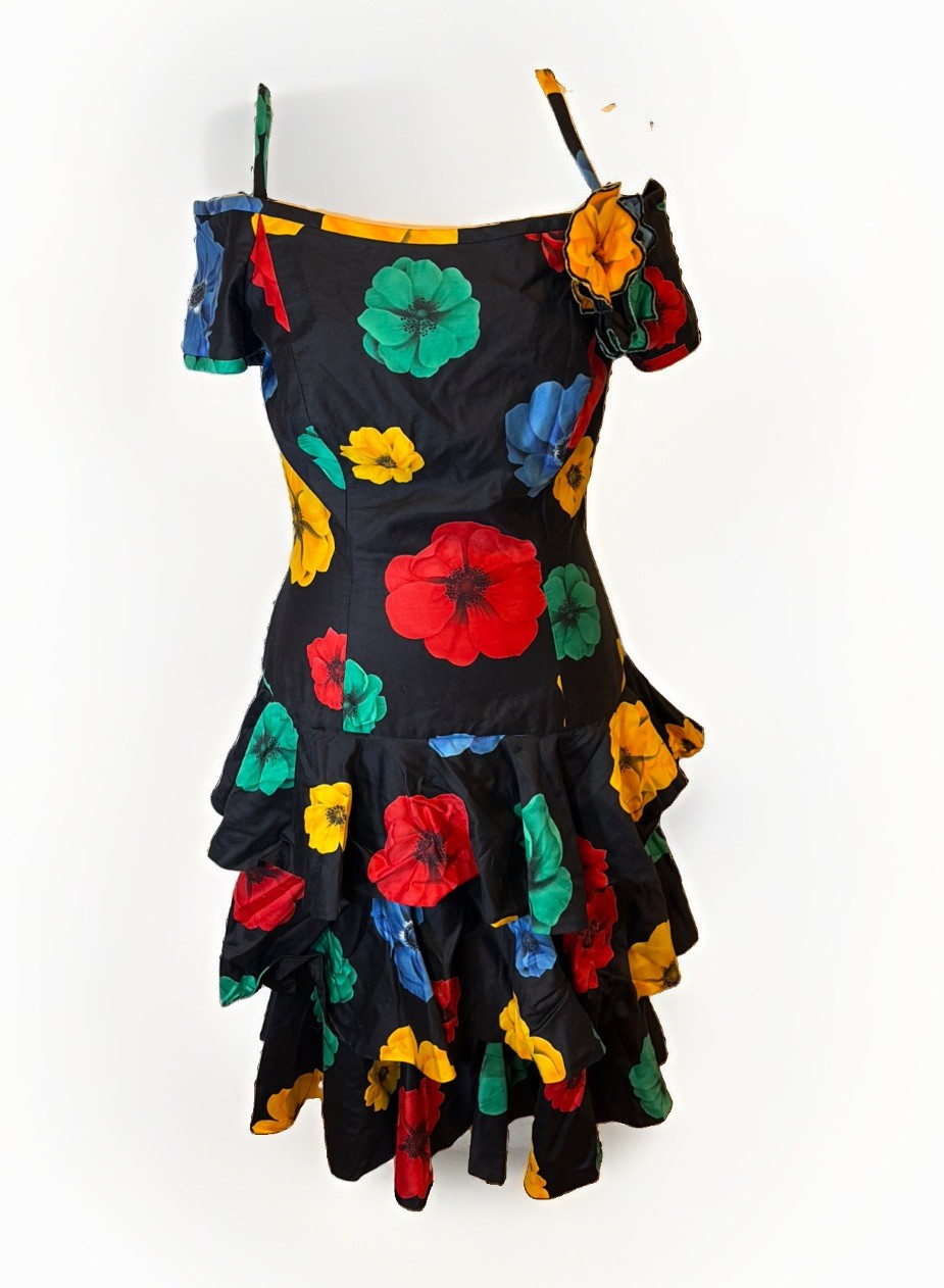 Vintage80s Black Floral Ruffled Tiered Flamenco Dress Off Shoulder Party Prom