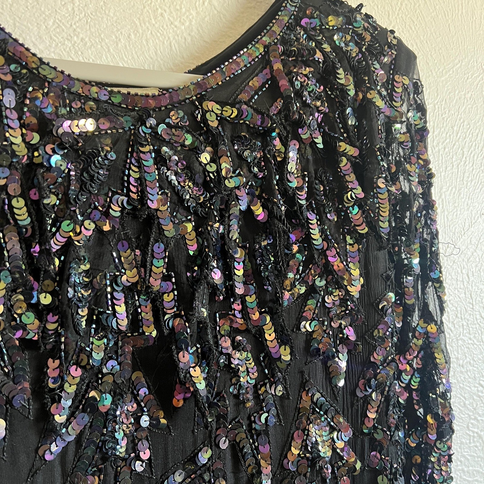 Vintage Silk Sequin Blouse Black Sheer Party Top 90s Y2K Glam Evening