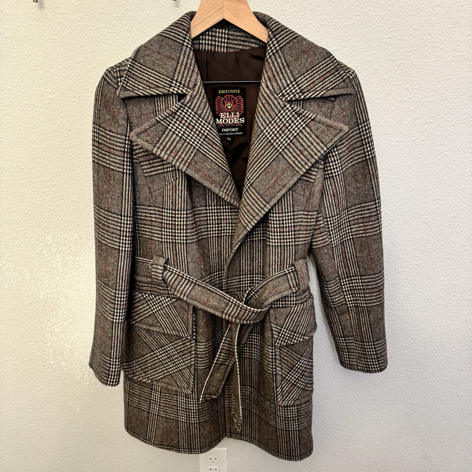 VTG Elli Modes Wool Belted Wrap Coat Women&rsquo;s 9/10 Glen Plaid Equestrian Germany