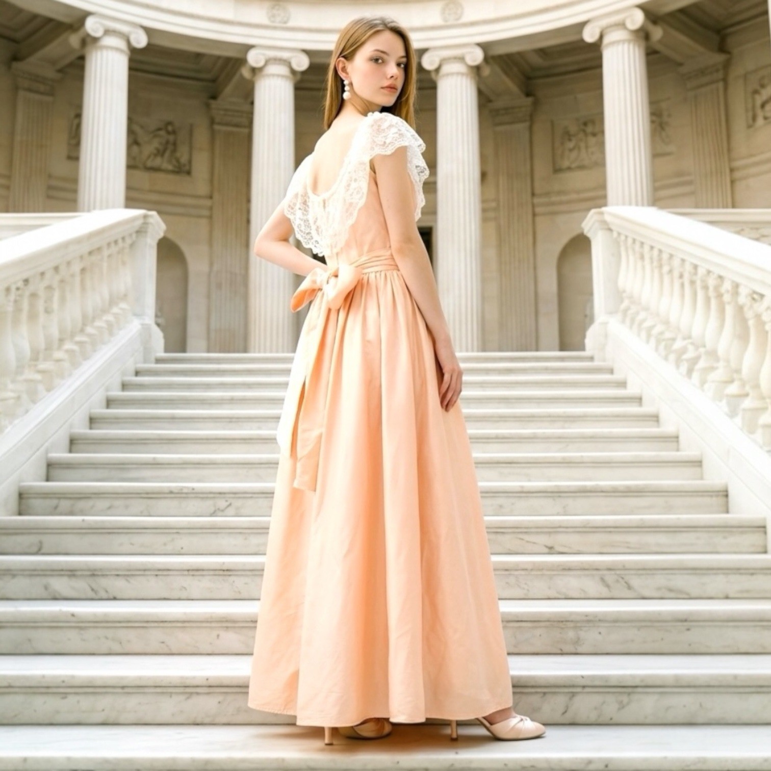 Jessica McClintock Bridal Vintage Peach Lace Bow Back Formal Gown Dress