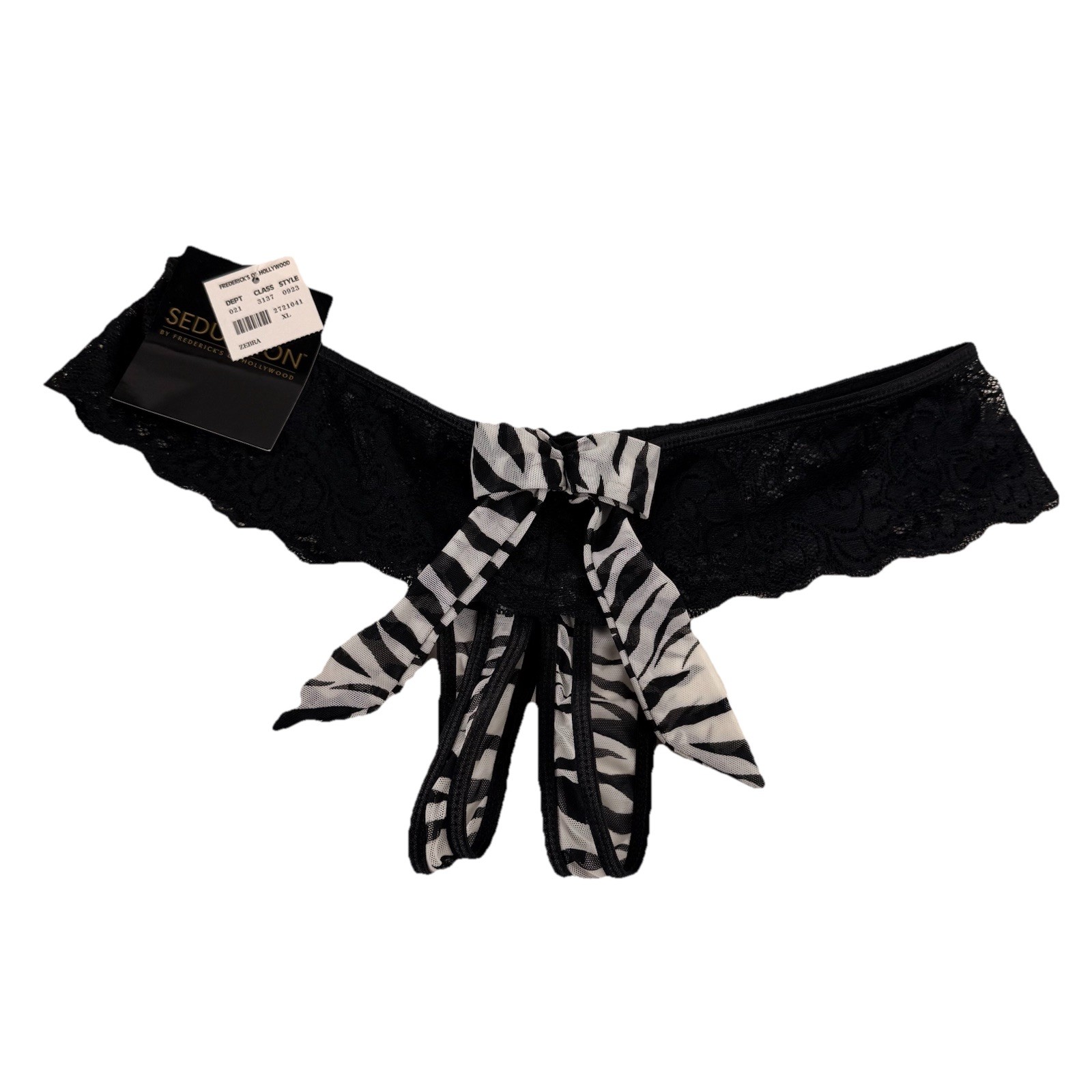 Frederick’s of Hollywood Crotchless Panties XL Zebra Bow Black Lace Seduction