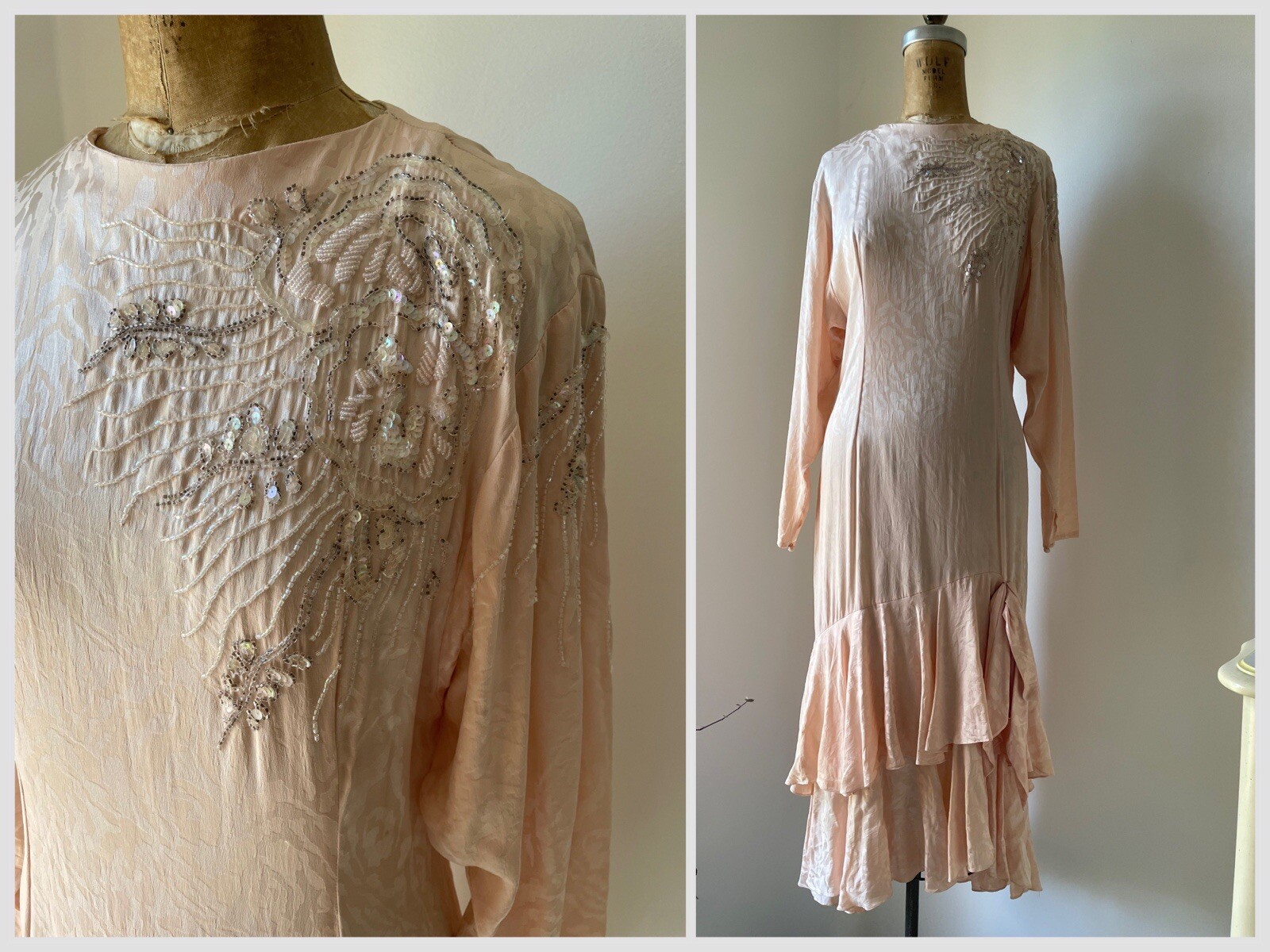 Vintage ‘80s Peach Jacquard Silk Cocktail Dress Sequin Party Dress M