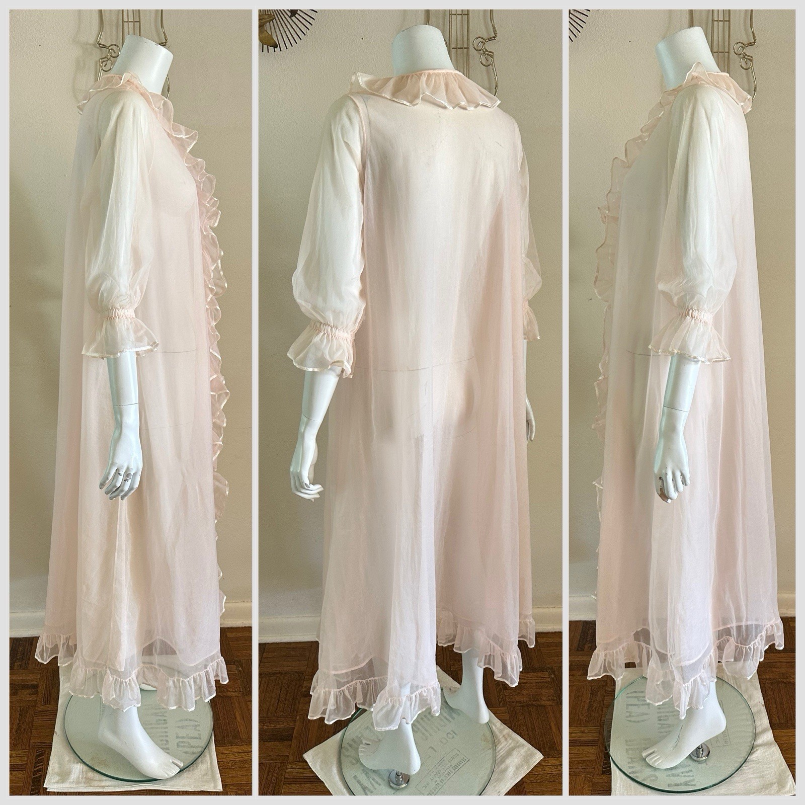 1960s Miss Elaine Pink Sheer Nylon Peignoir Robe Ruffle Front Double Layer VTG