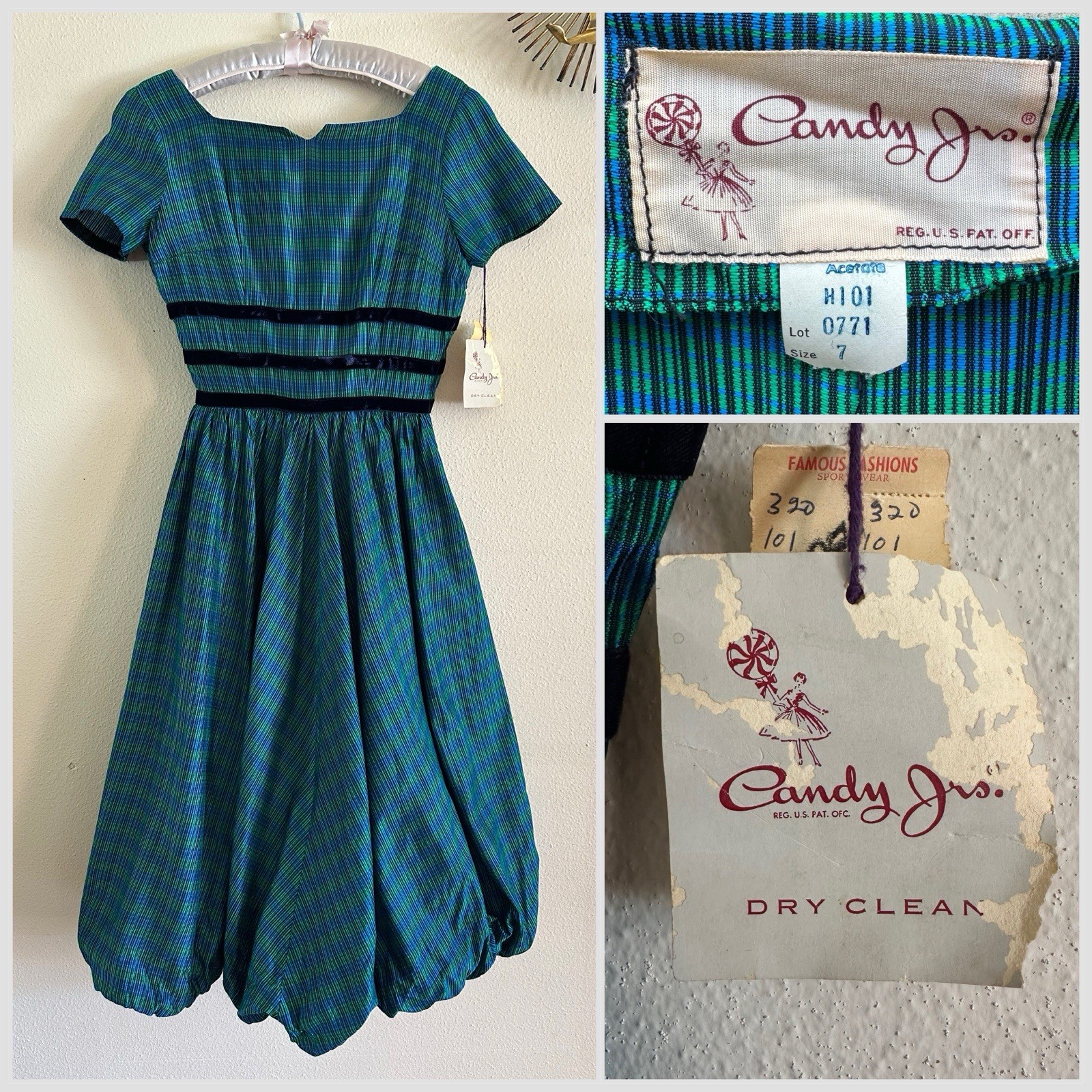 NWT 1950s Candy Jrs Plaid Bubble Hem Pouf Party Dress Velvet Bows Metal Zip VTG