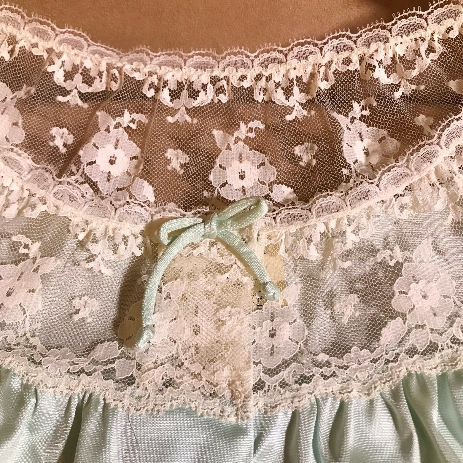 JC Penney Robe Full Length Vintage Minty Green Ivory Sheer Lace Size P