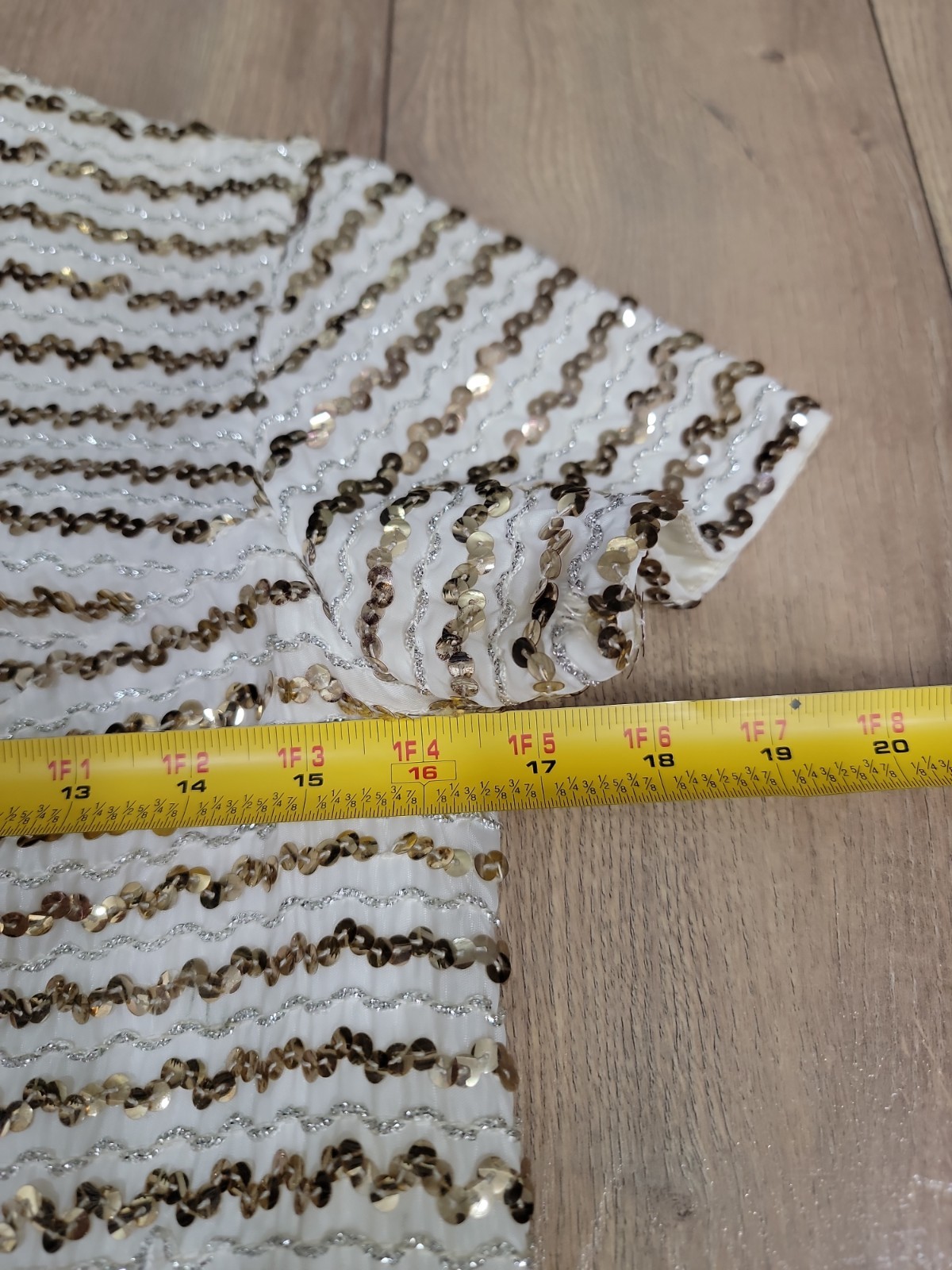 VTG Jr Theme Ivory Gold Sequin Shift Dress Mod Cocktail Party Mini Sz