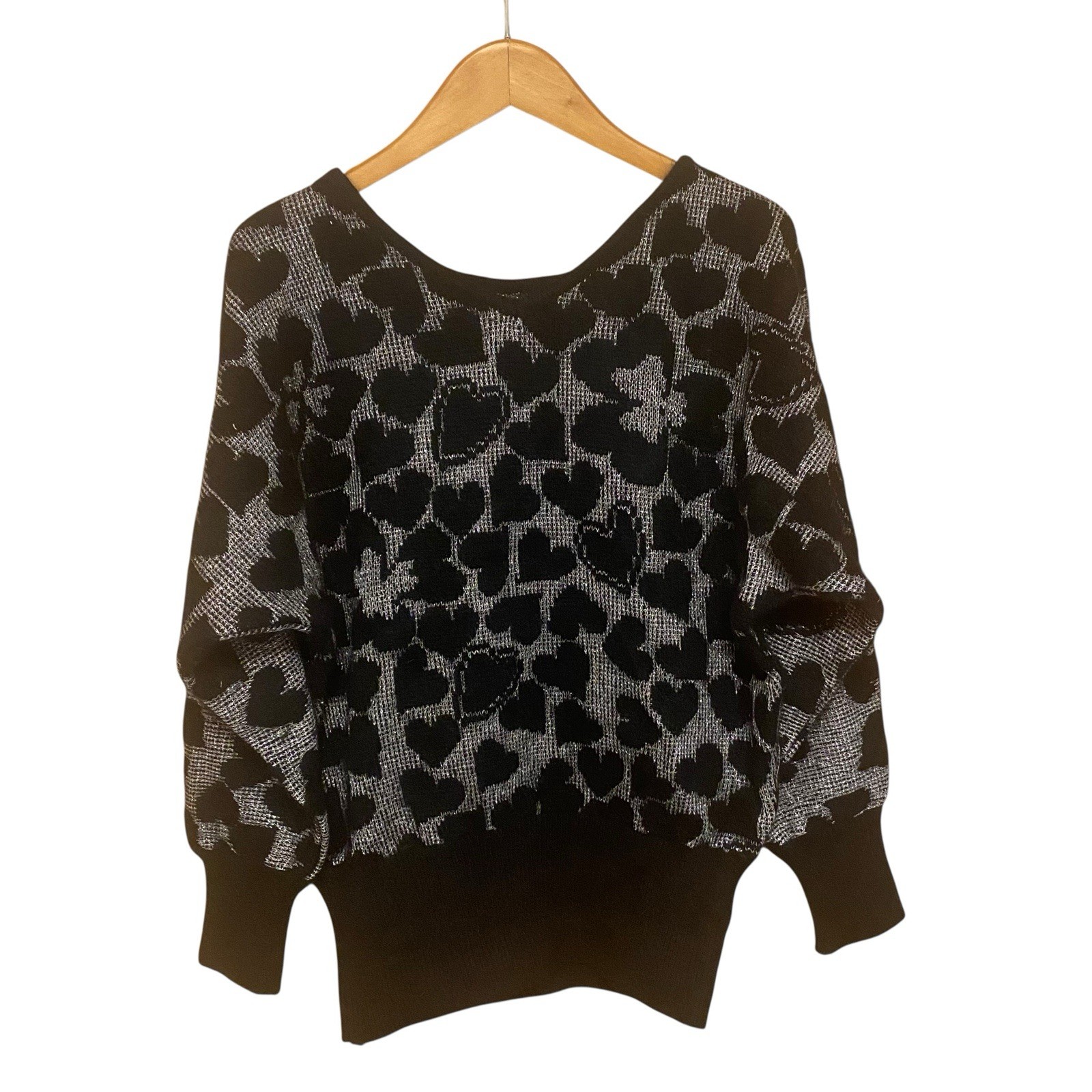 Vintage Courreges Heart Knit Sweater Silver Black Wool Lurex Metallic Y2K Size 9