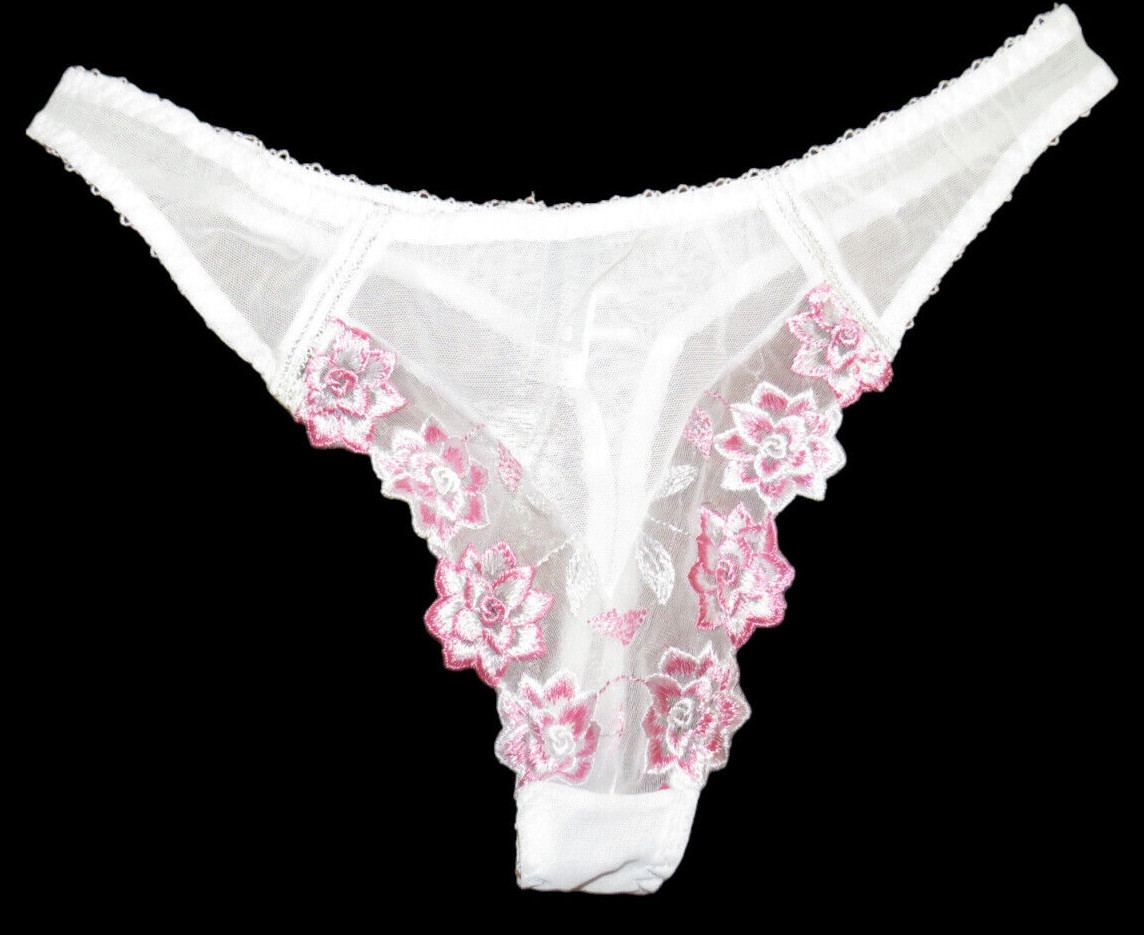 Vintage Glamour White Mesh Embroidered Nylon Blend Thong Panties Size XL