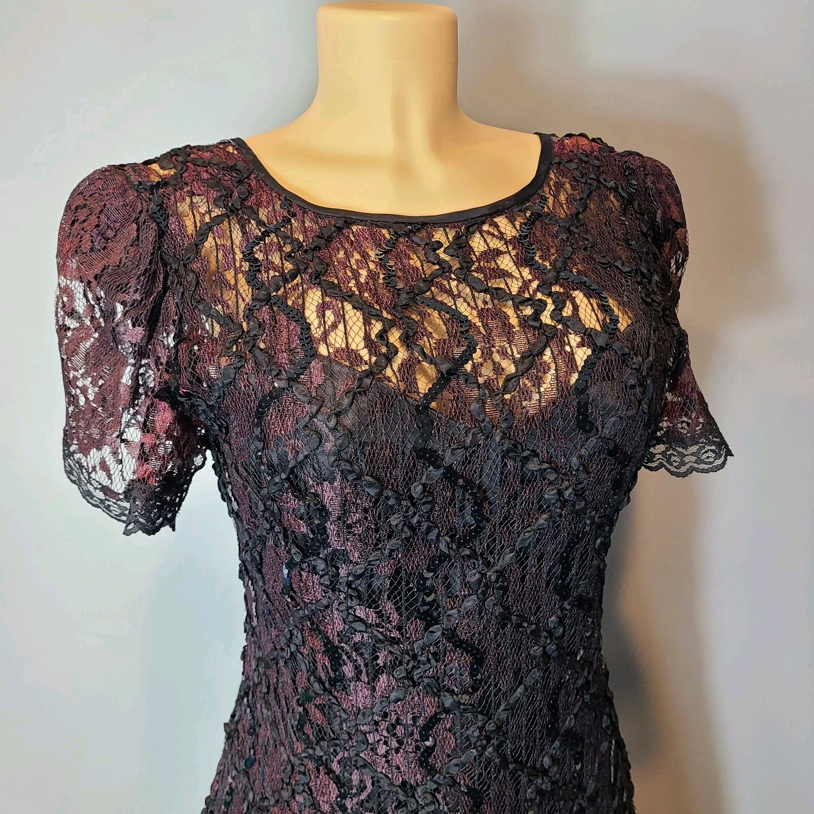 VTG Drop Waist Dress lace Sequin Flapper Art Deco Romantic 1920 Fairy Whimsigoth