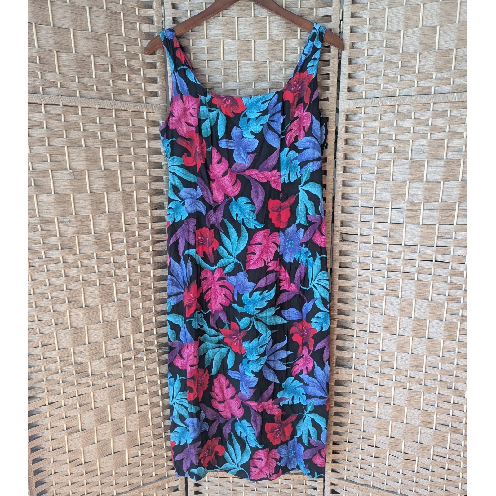 Vtg Tropical Floral Rayon Midi Dress Sleeveless Black Pink Blue Resortwear Sz 8