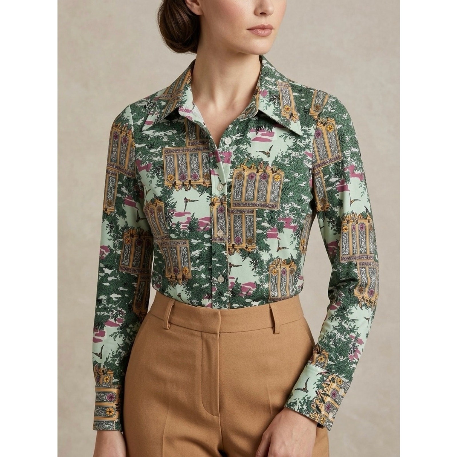Vintage 70s Ship n Shore Bird & Garden Print Dagger Collar Button Up Shirt Small