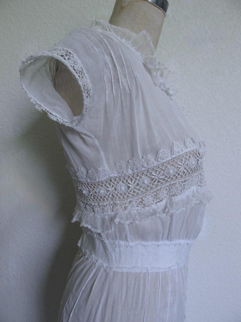 Antique Victorian Edwardian White Sheer Voile Dress XXXS Lace Trim Pintucks