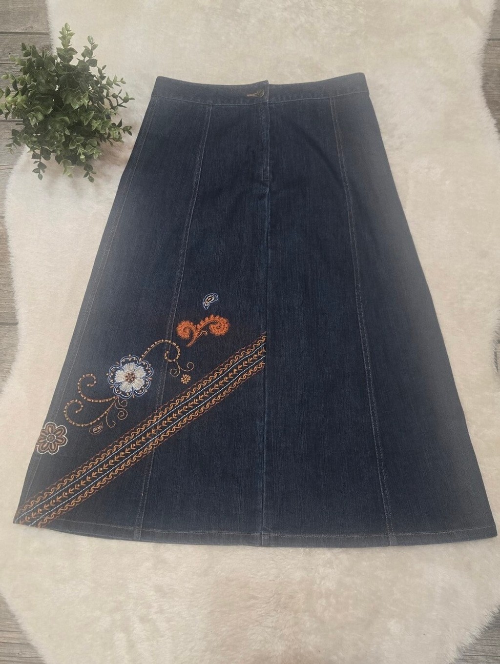 Graff Wear Vintage Embroidered Floral Western A-Line Long Denim Skirt, 10