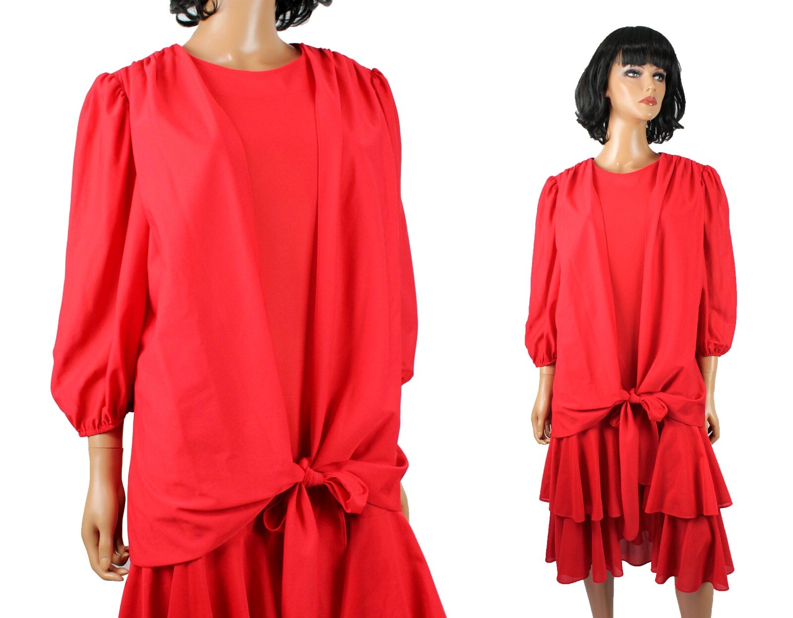 80s Twinset Dress Sz L Vintage Red Crepe Ruffled Cocktail Mother of Bride Gown