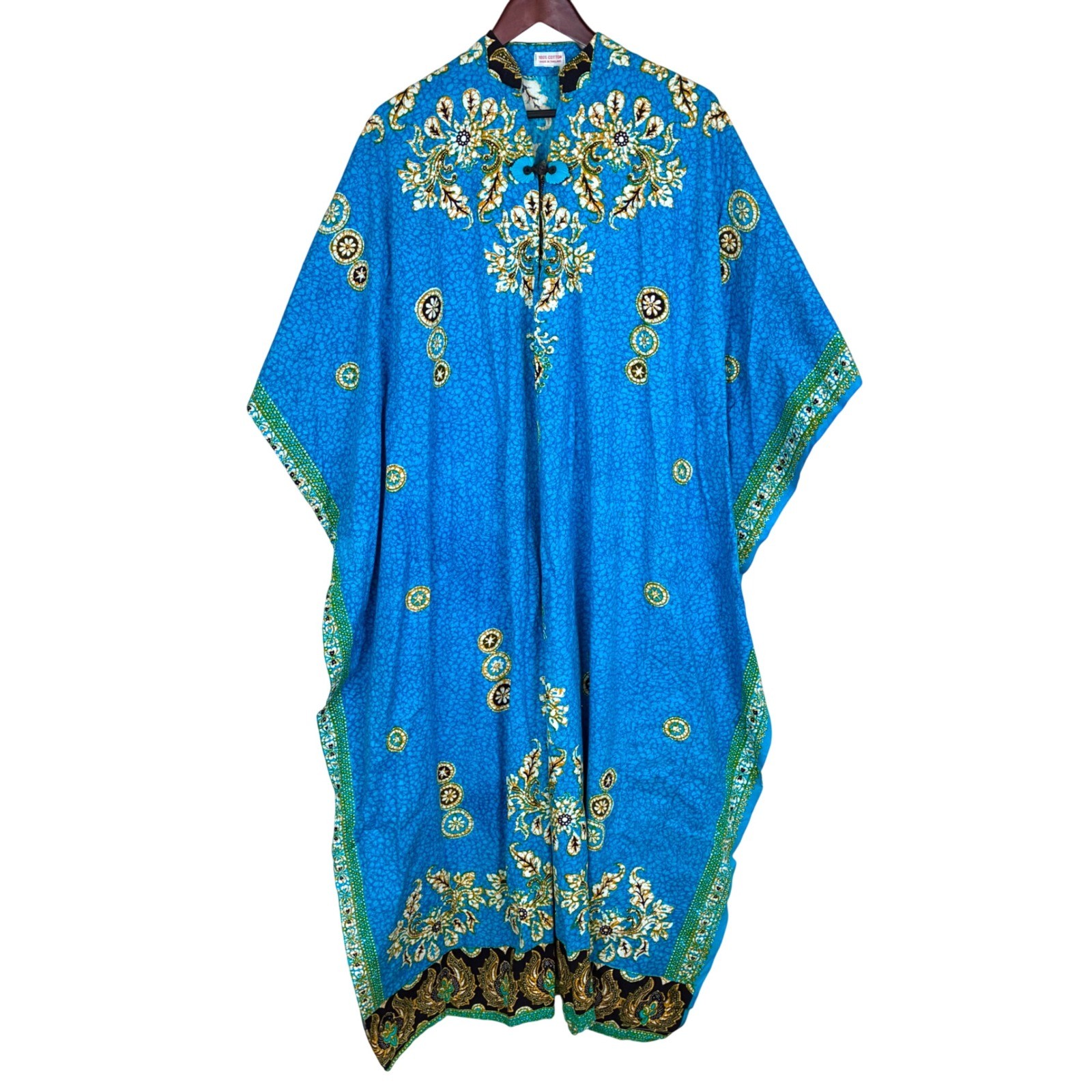 Handmade Kaftan Dress Sz L Cotton Batik Frog Closure Loungewear Maxi Resort Boho