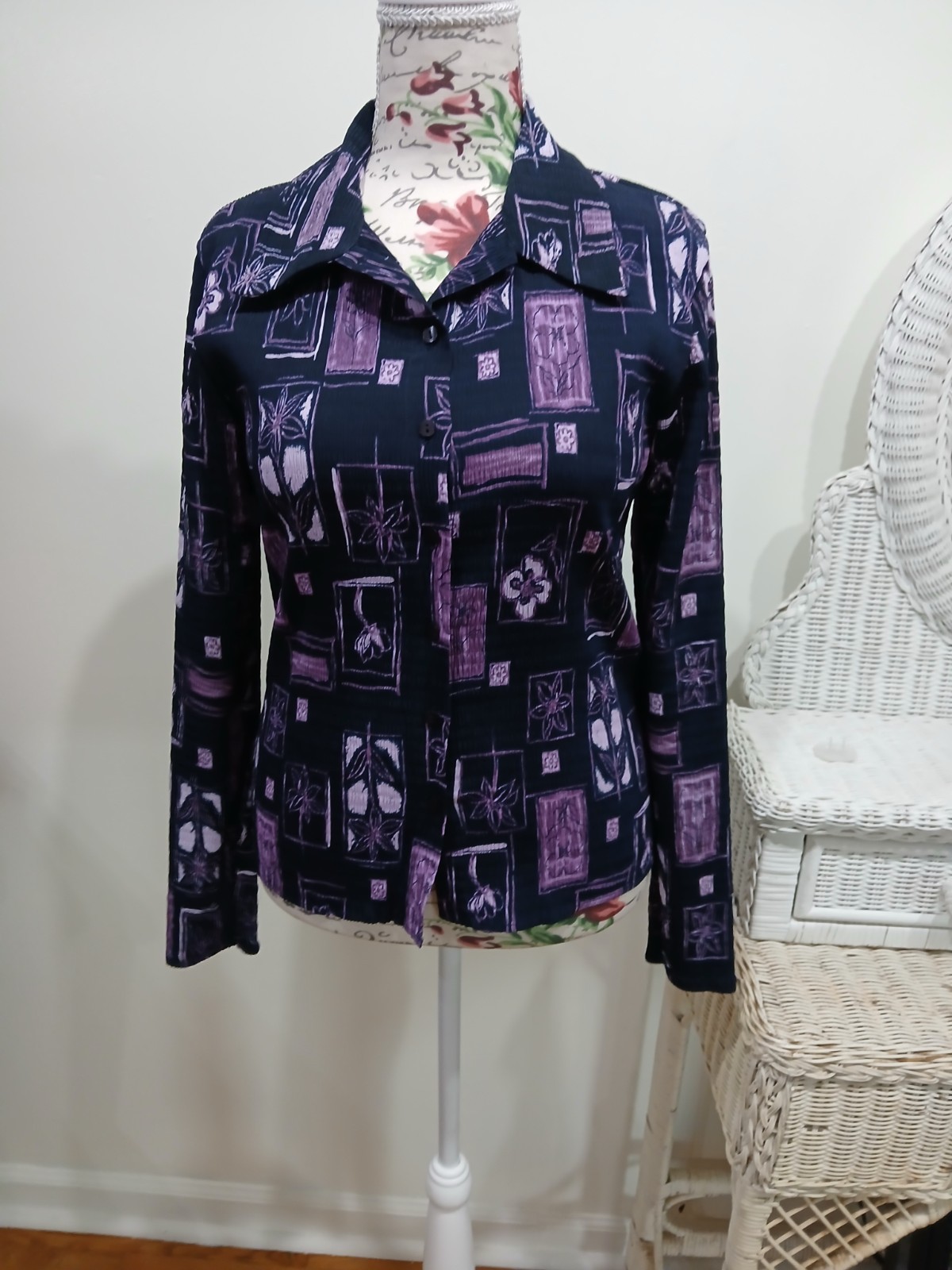 80&rsquo;s Vintage Milano Funky Ribbed Stretchy Long Sleeve Button Blouse (A3)