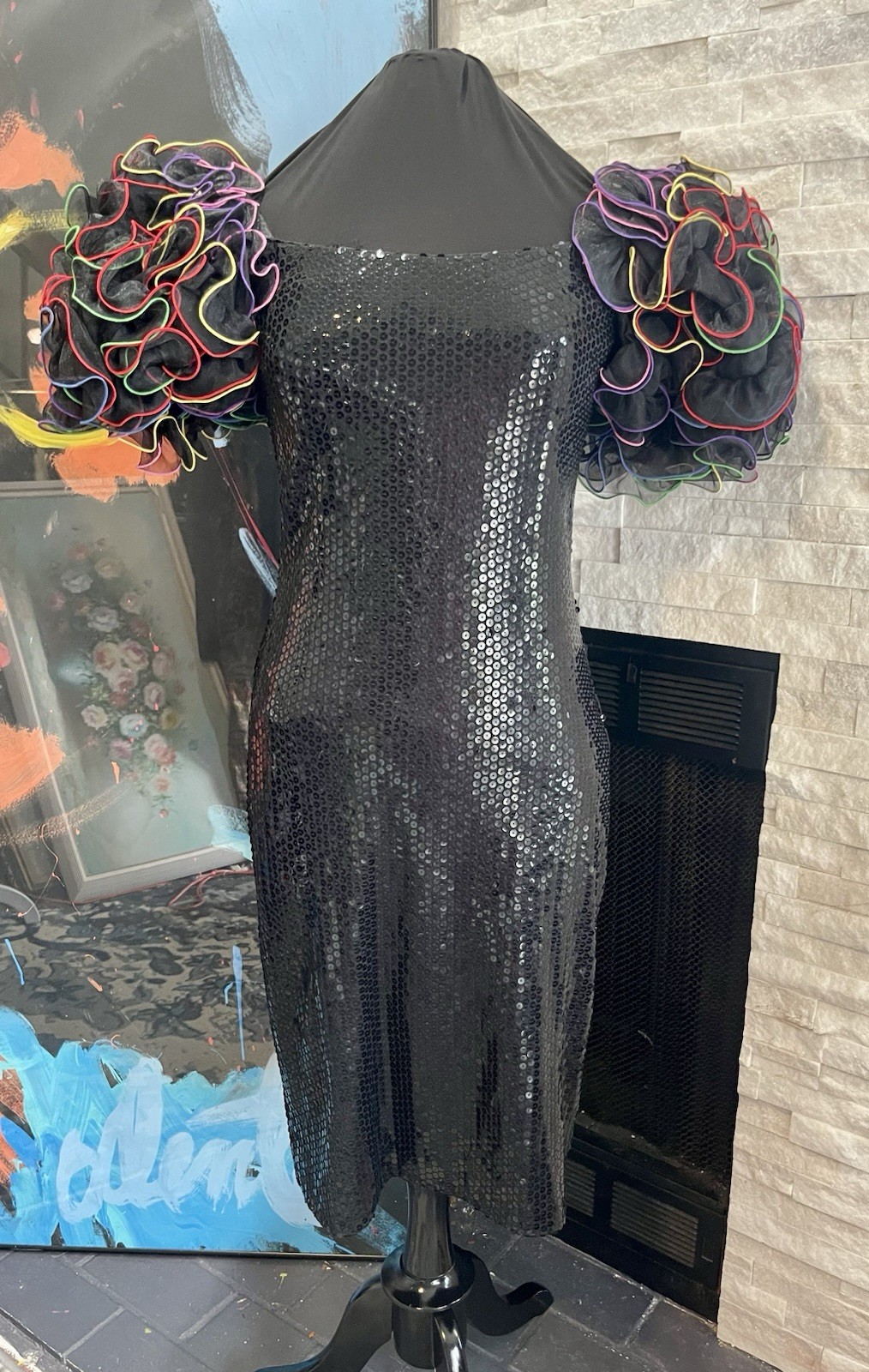 VTG 1980s Black Sequin Colorful Puff Sleeve By Cattiva Size 10 Dynasty