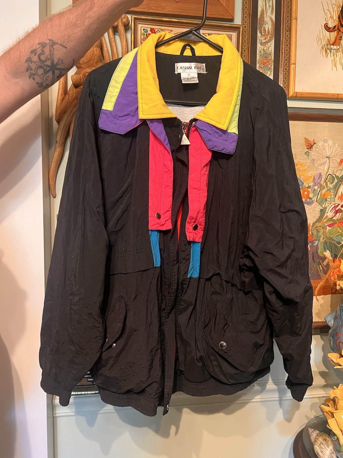 VTG 80’s Retro BRIGHT Neon Multi Color Block Casual Isle Windbreaker Jacket XL