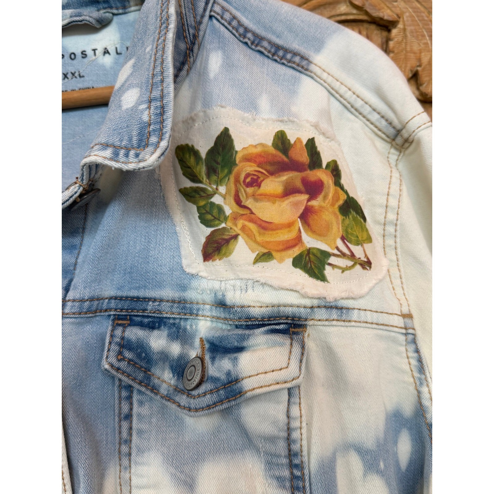 Upcycled Cropped Denim Jacket Roses Love Heals Patch Folk Art Boho XXL