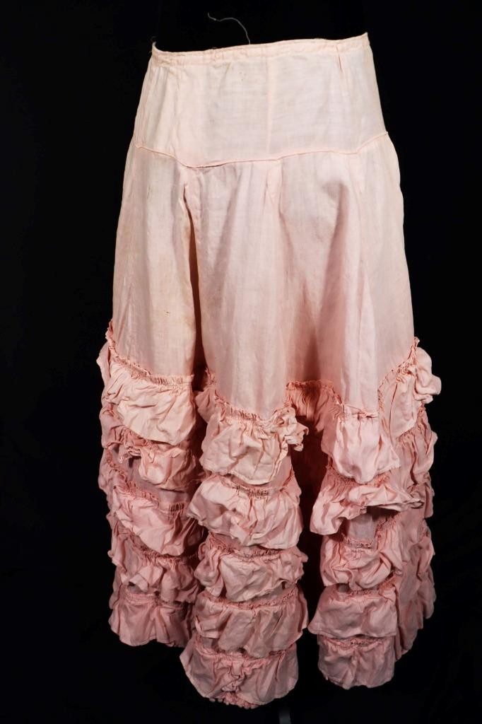 Rare Antique Edwardian Long French Pink Cotton Tiered Petticoat 27&Prime; Waist 33&Prime; L