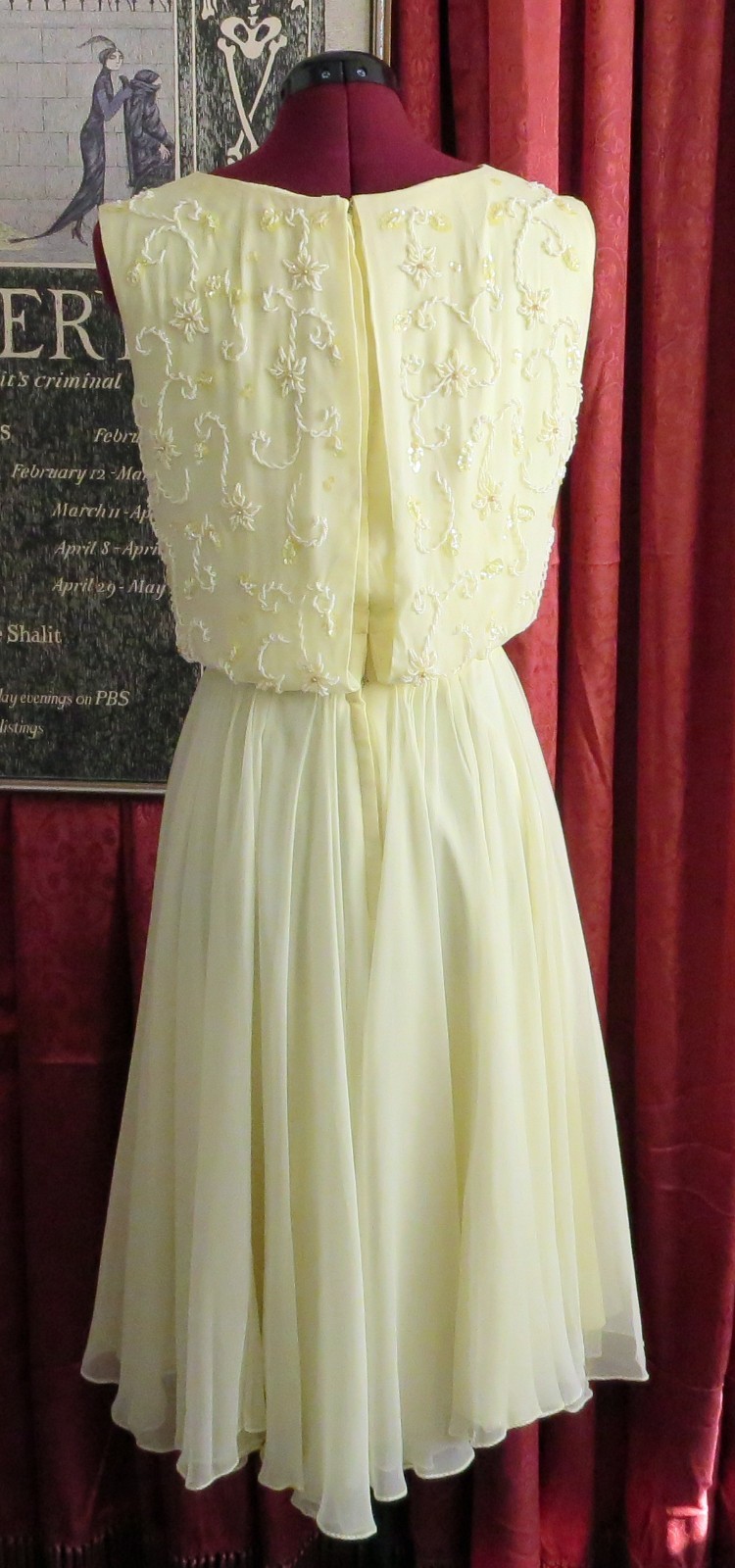 1960s Butter Yellow Beaded Floaty Chiffon Cocktail Party Dress I. Magnin XS