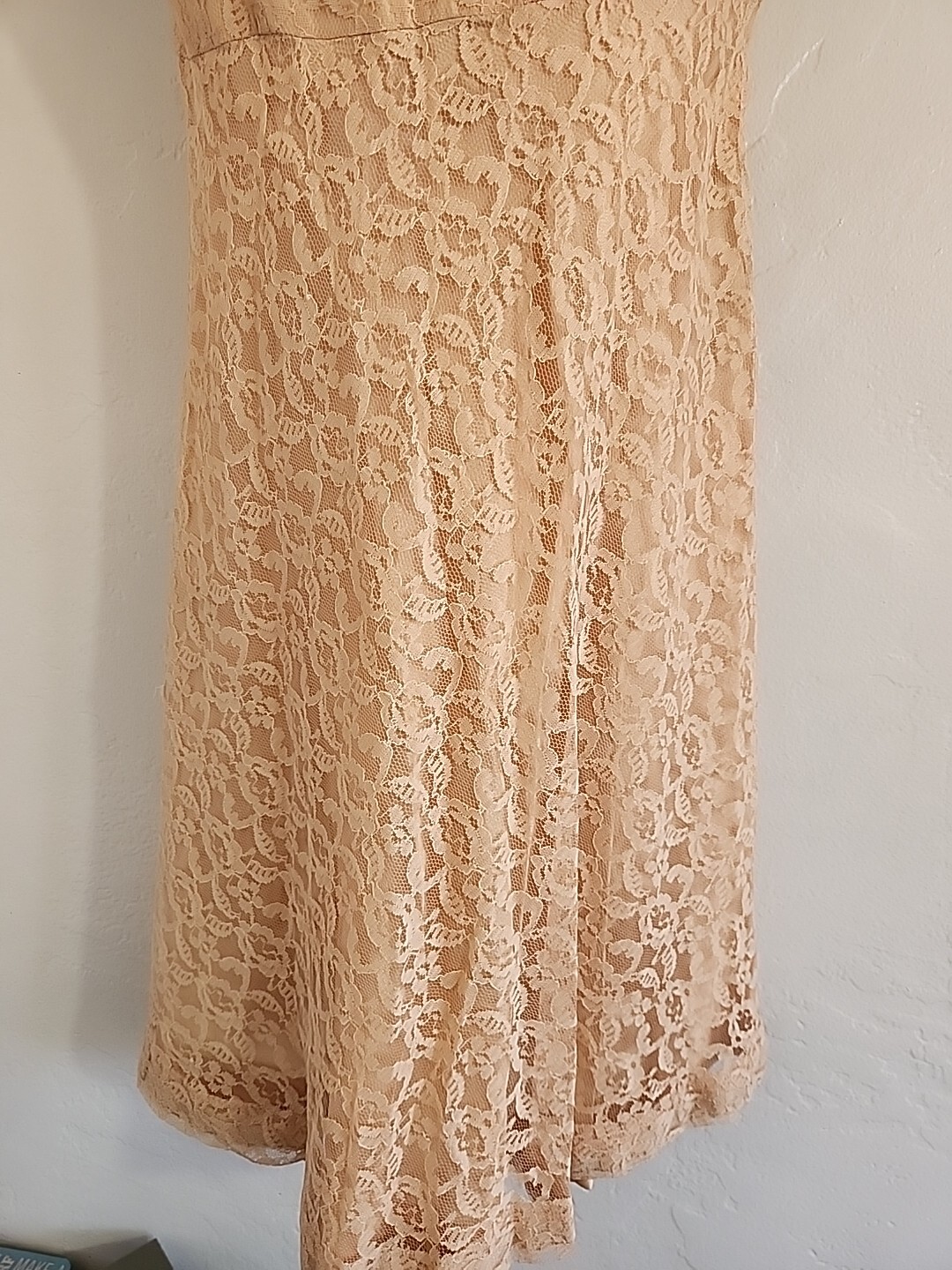 vintage 1950&rsquo;s lace net fully lined midi dress party med ? peach 40&rsquo;s 50&rsquo;s