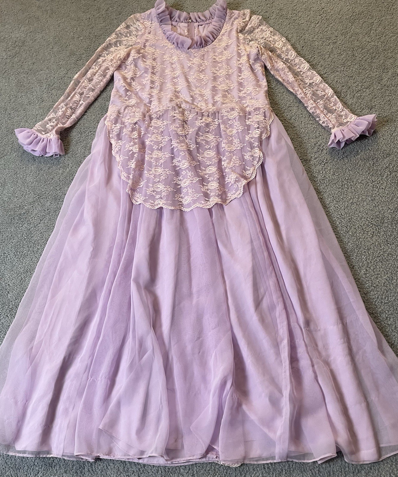 Vtg 70s Handmade Victorian Maxi Dress Sz L Lavender Floral Lace Overlay Prairie