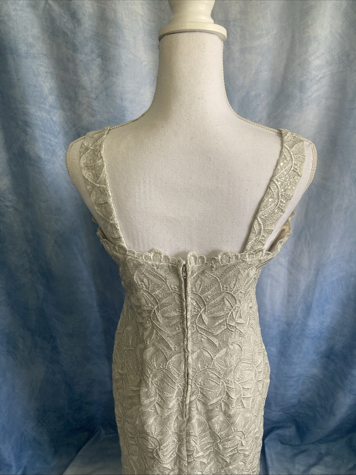 VTG 80s ASPEED USA Silver Lace Dress Jacket Set 2pc Formal Gown Prom Wedding Med