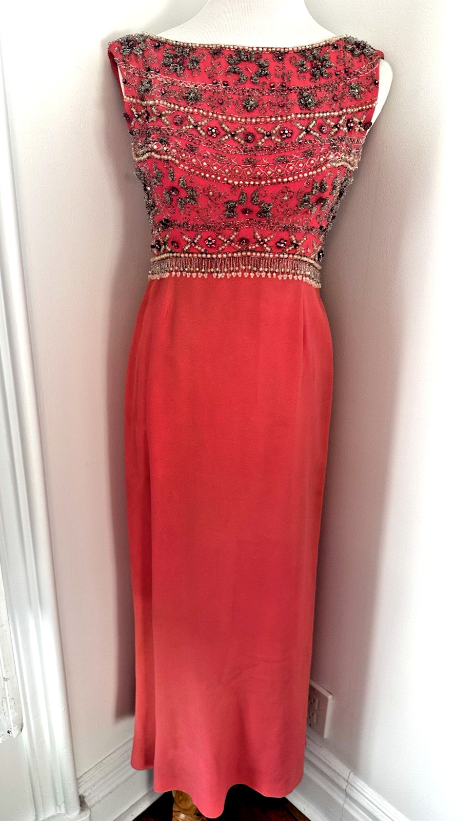 Vintage 1960s Coral Peach Hand Beaded Ball Gown British Crown Colony Hong Kong 8