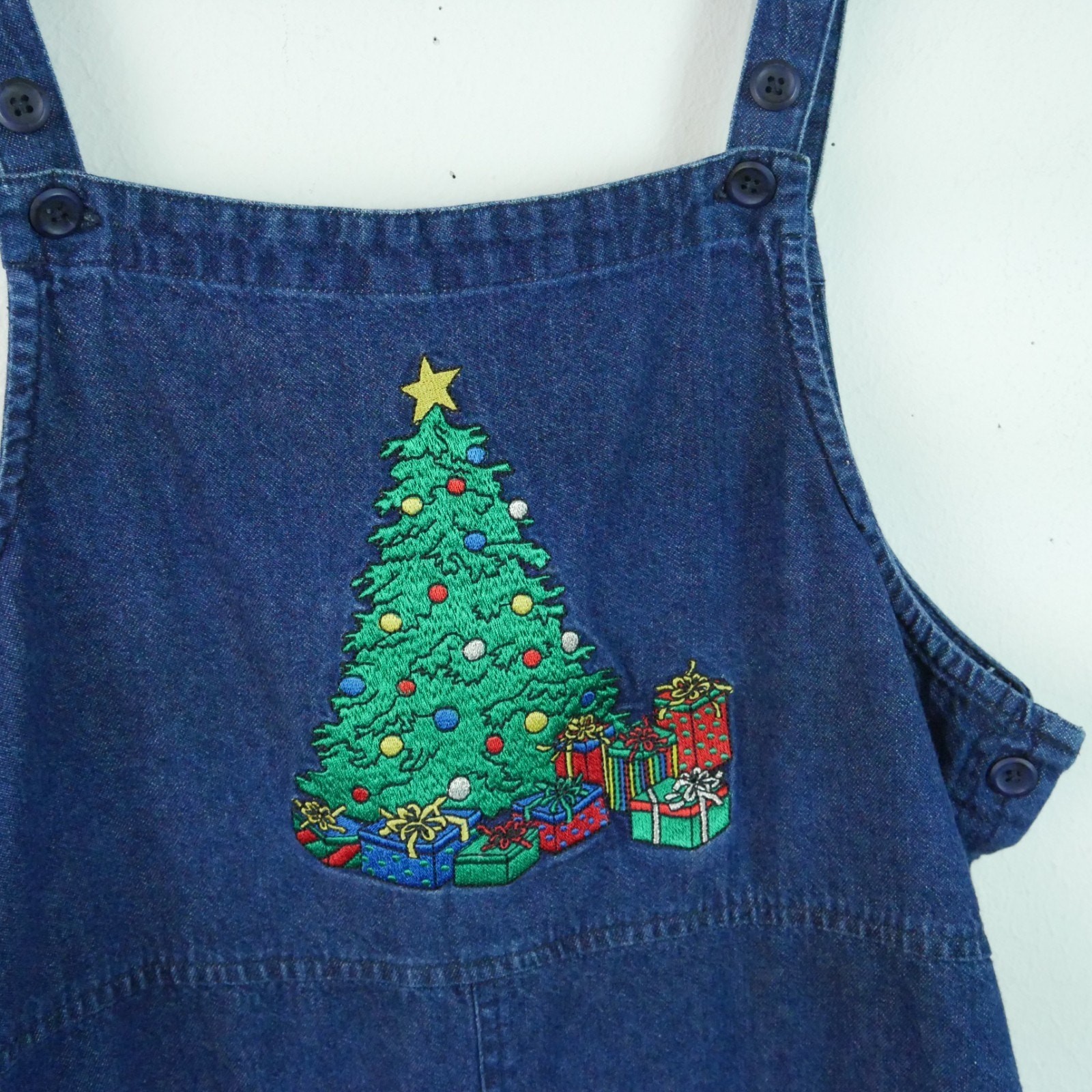 Vintage Petite Medium Embroidered Christmas Dress Pinafore Chambray Jumper Y2K