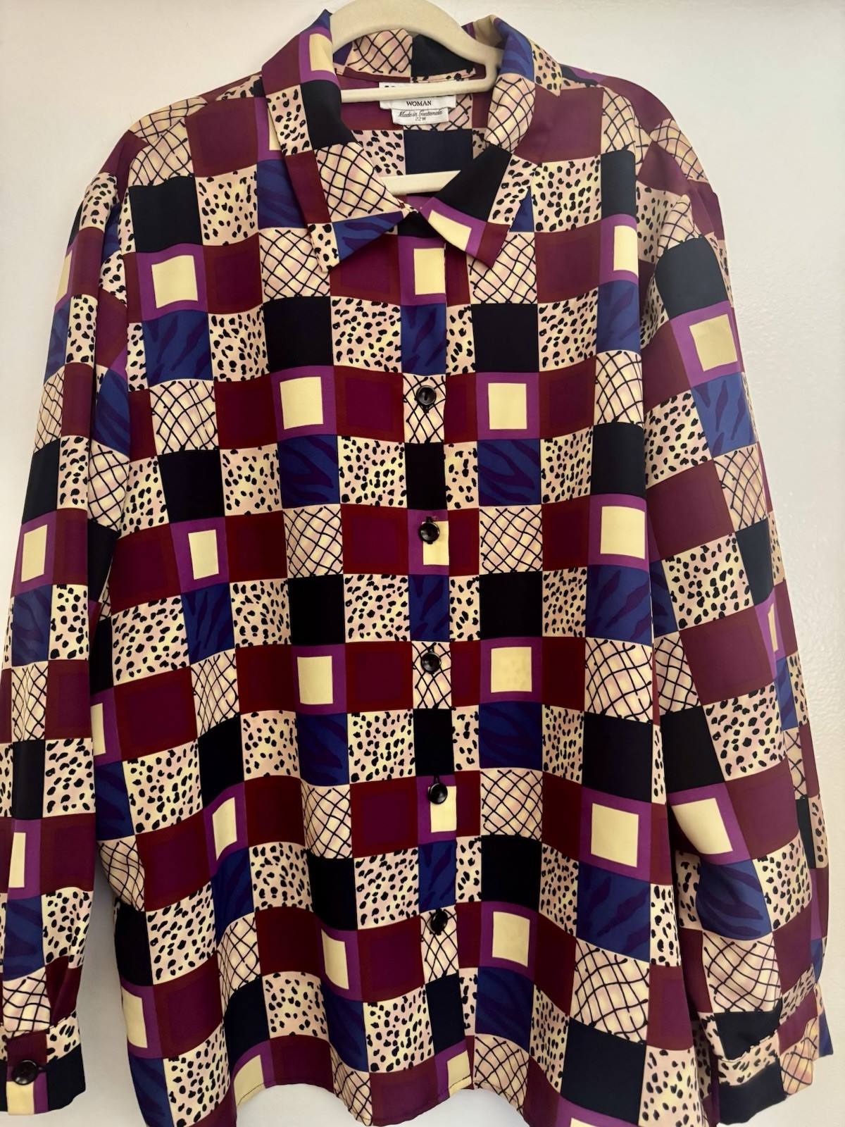 Vintage 70s Joan Leslie 2X Dopamine Geo Patchwork Button Blouse Top Artsy Chic