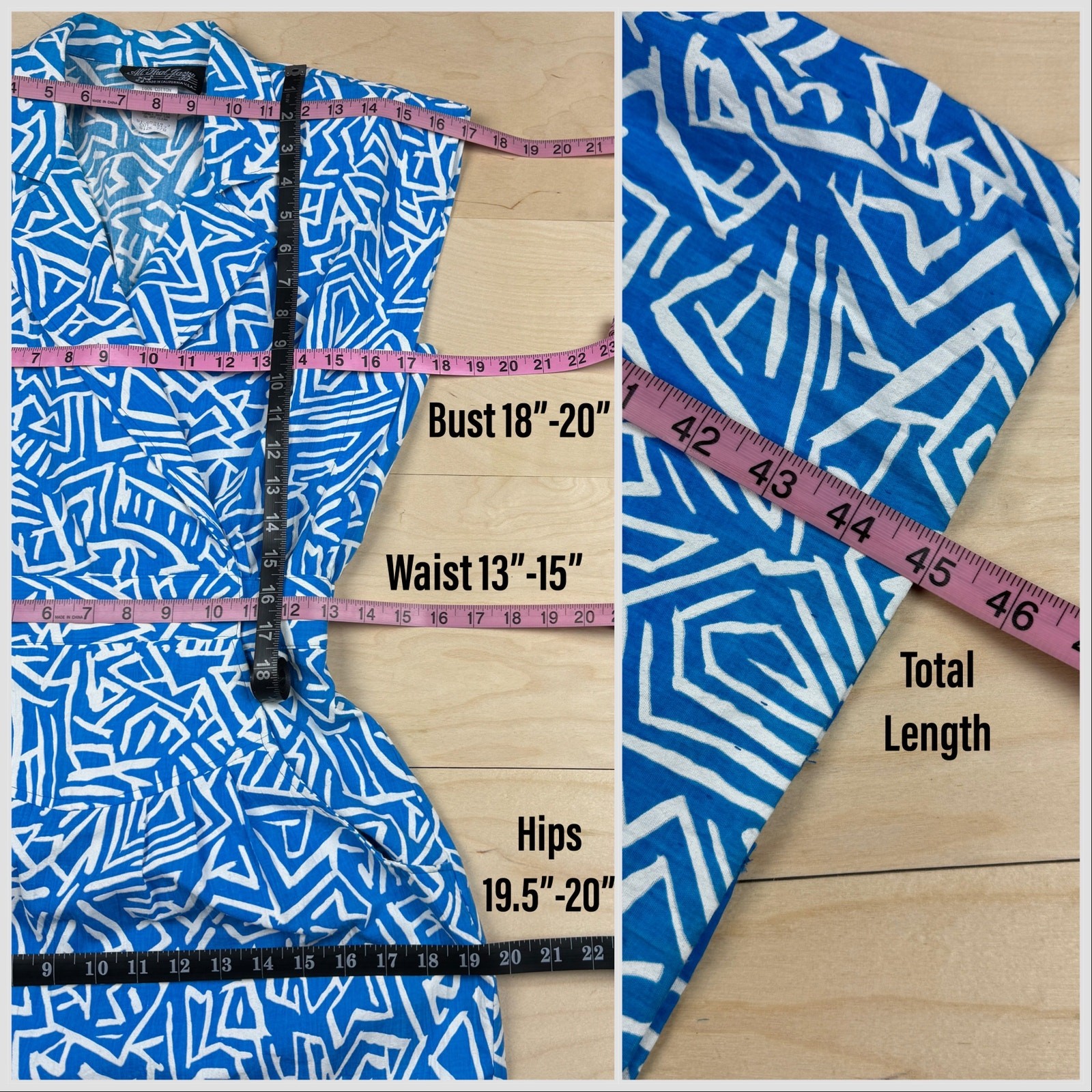 Vintage 1980s Blue & White Abstract Geometric Print Cotton Dress | 26&Prime;-28&Prime; Waist