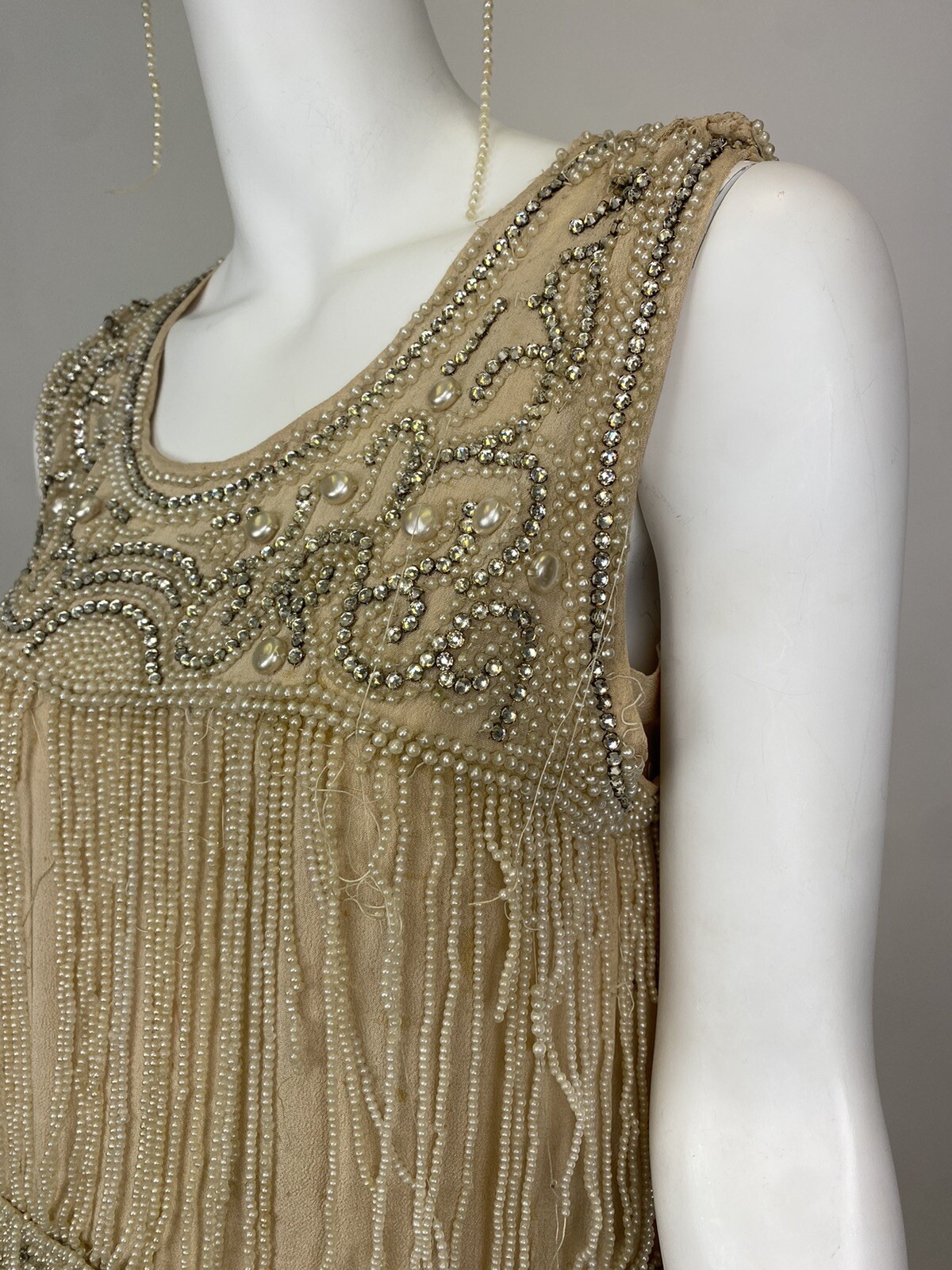 Real Antique 1920s Flapper Wedding Gown Train Headpiece Pearls Rhinestones