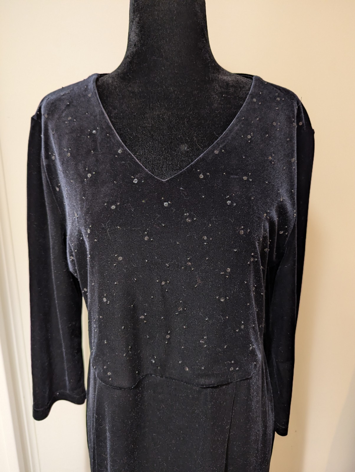 Vintage 1990s Laura Ashley Black Velvet Sequin Beaded Dress 3/4 Sleeve Large