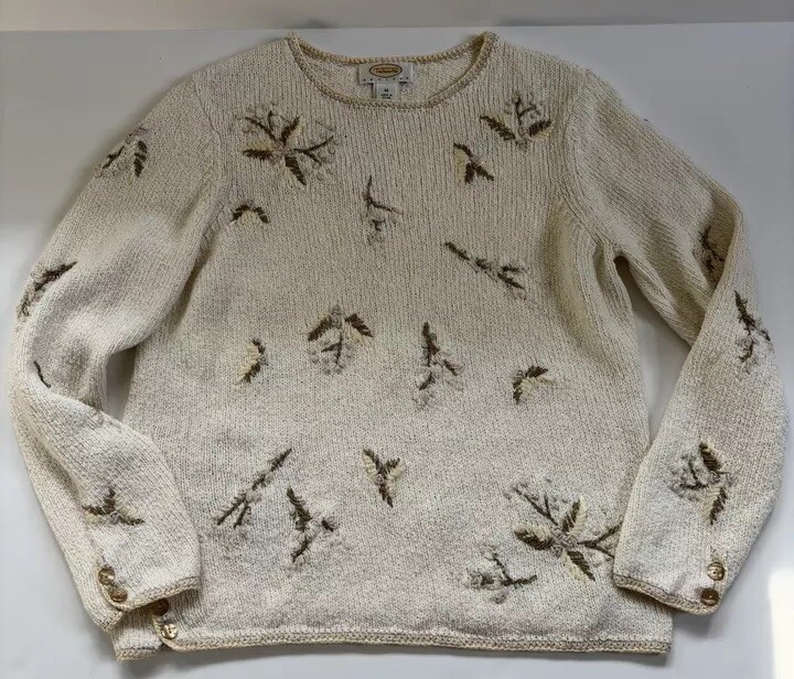 Vintage 90s Talbots Petites Beaded Floral Sweater M Ramie Cotton Beige